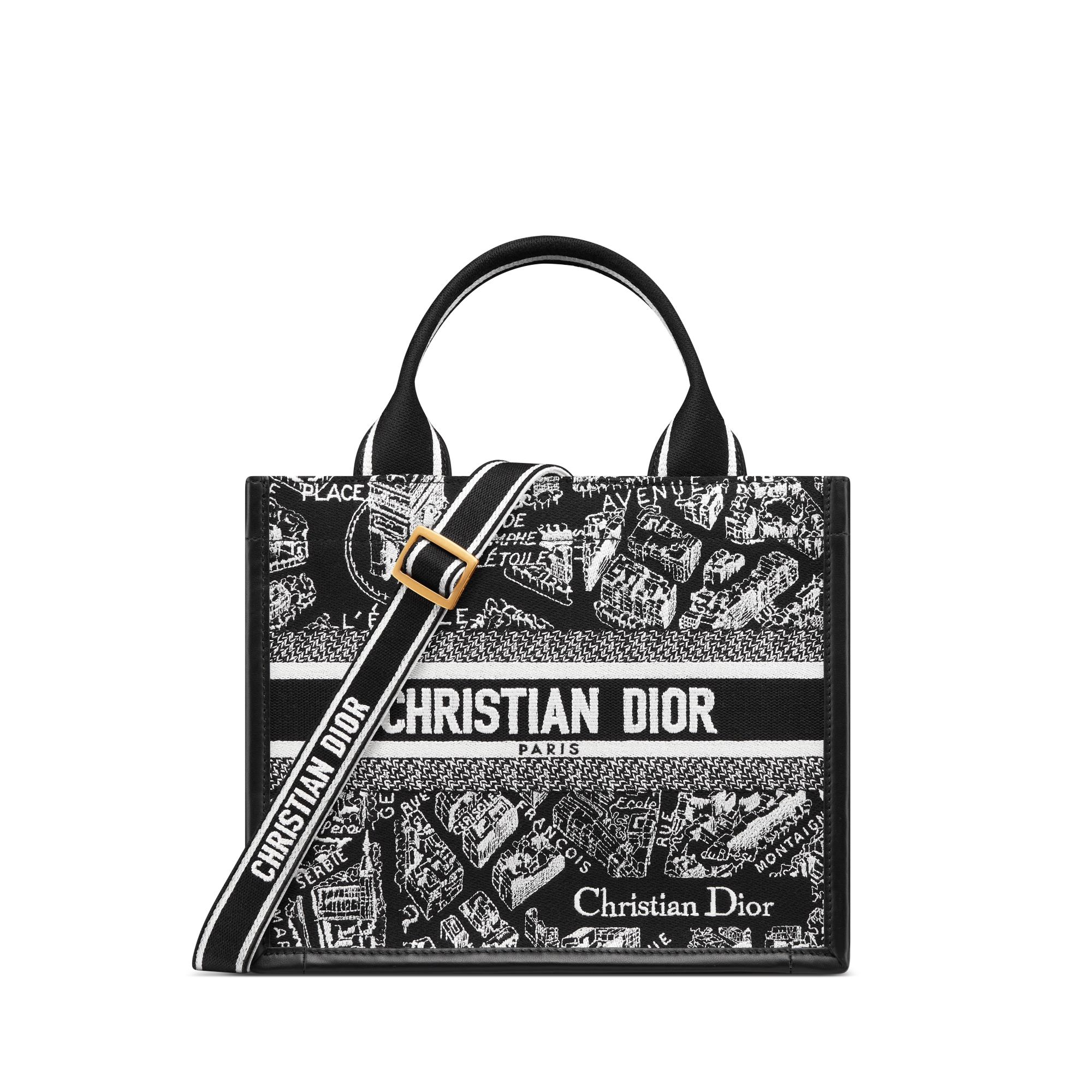 小号 Book Tote 手袋 黑色和白色 Plan de Paris 图案刺绣搭配黑色牛皮革（26.5 x 22 x 14 厘米） E01