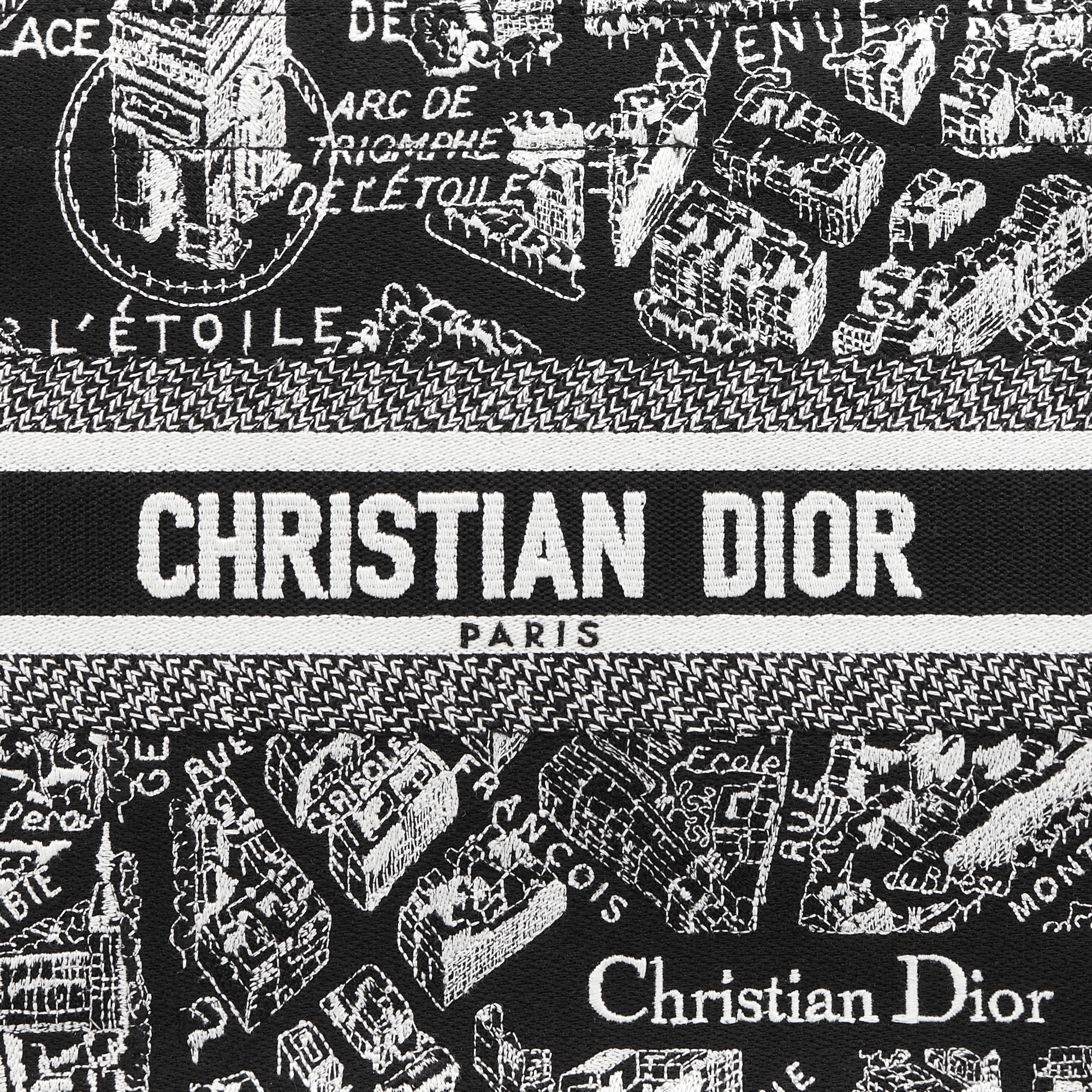 小号 Book Tote 手袋 黑色和白色 Plan de Paris 图案刺绣搭配黑色牛皮革（26.5 x 22 x 14 厘米） E09