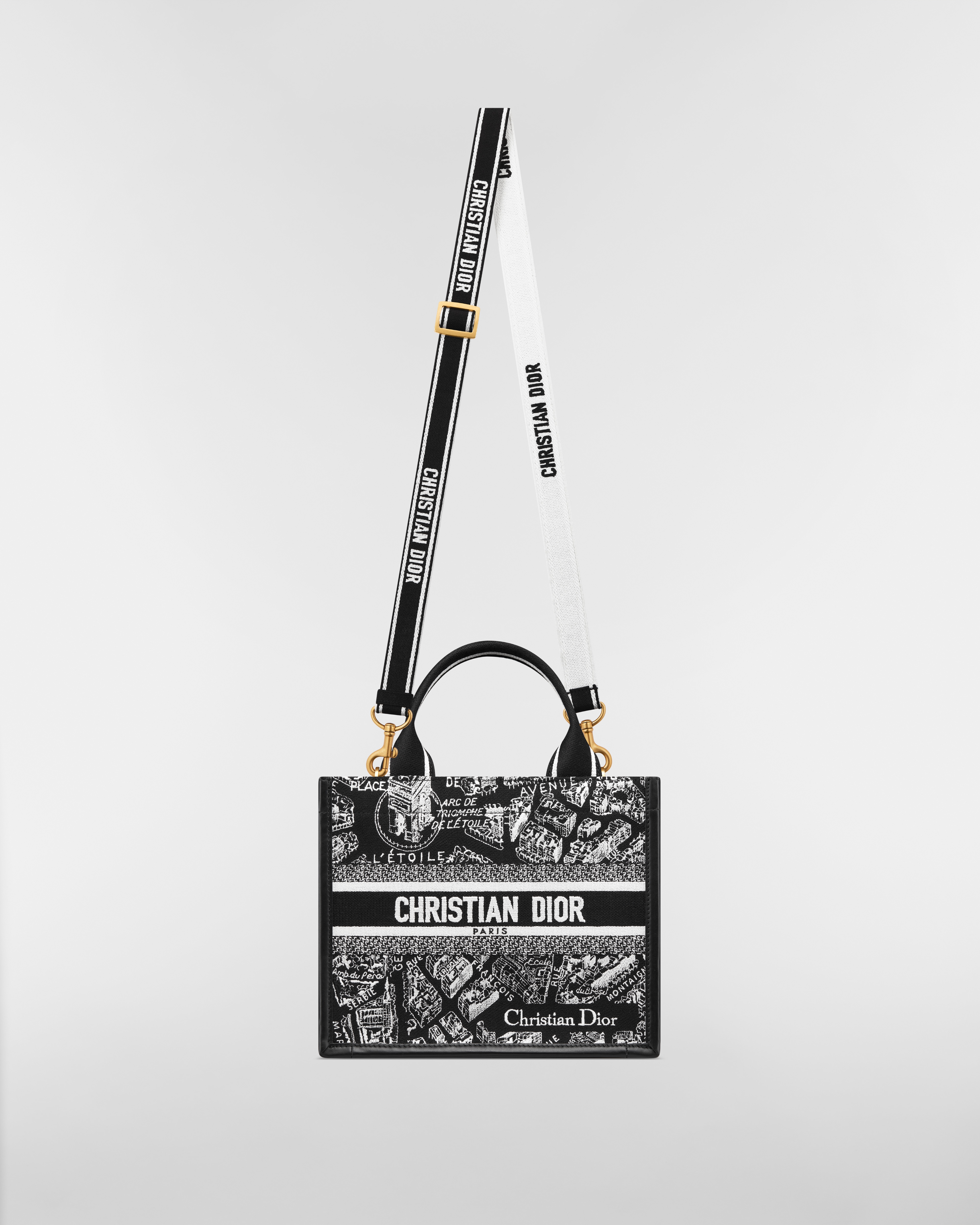 小号 Book Tote 手袋 黑色和白色 Plan de Paris 图案刺绣搭配黑色牛皮革（26.5 x 22 x 14 厘米） E07