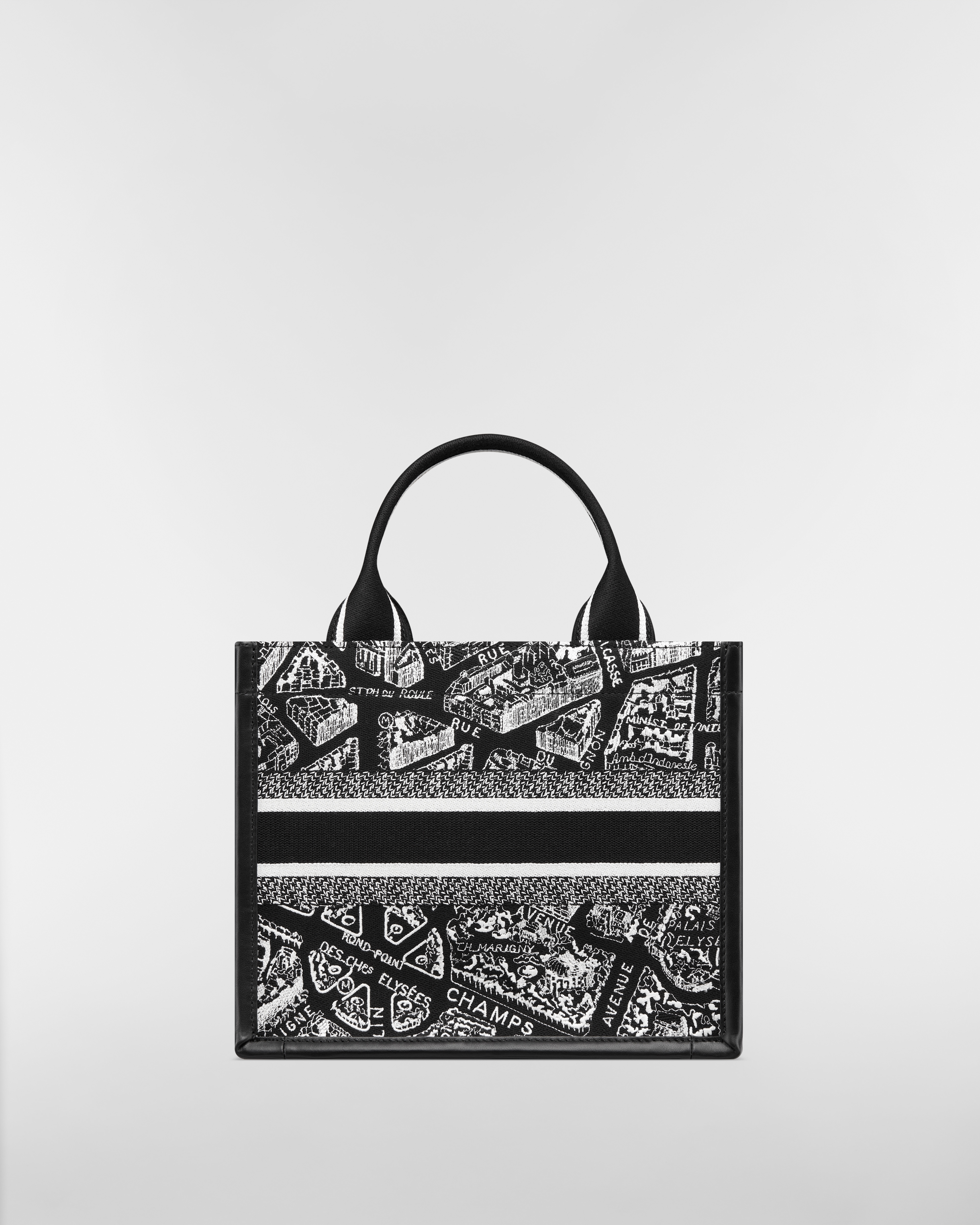 小号 Book Tote 手袋 黑色和白色 Plan de Paris 图案刺绣搭配黑色牛皮革（26.5 x 22 x 14 厘米） E08