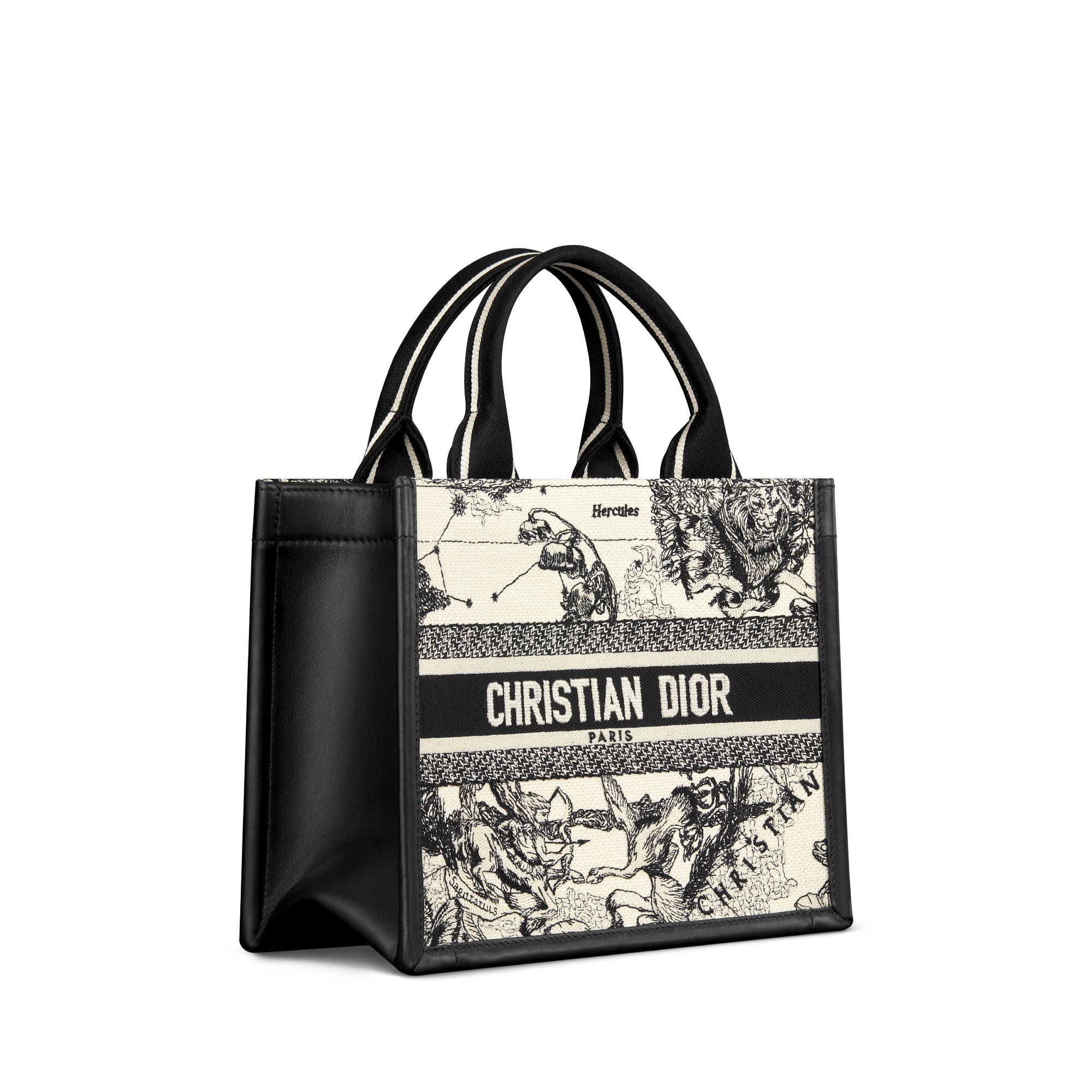 小号 Book Tote 手袋 奶白色和黑色 Dior Zodiac 图案刺绣搭配黑色牛皮革（26.5 x 22 x 14 厘米） E03