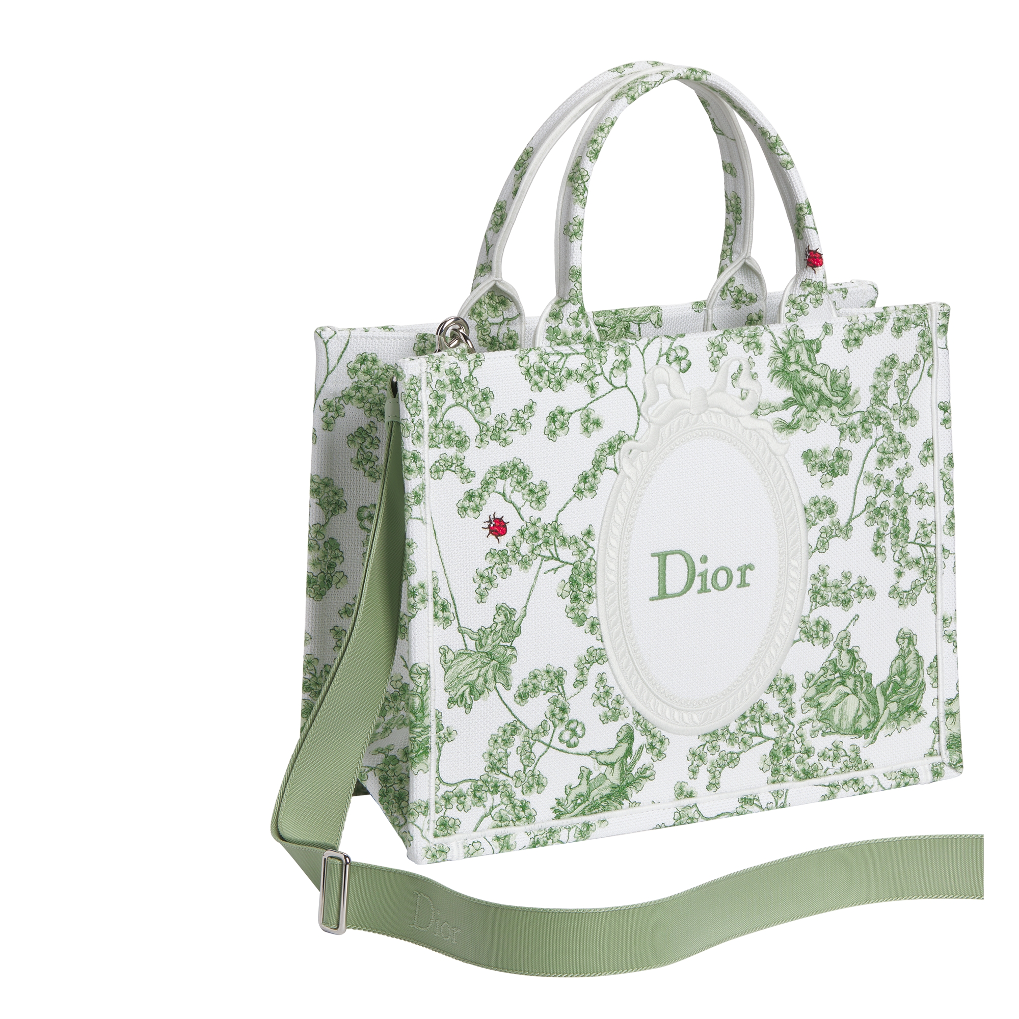 中号 Book Tote 手袋（附肩带） 绿色调多色四叶草茹伊印花刺绣和白色 Dior Médaillon 标志（36.5 x 26.5 x 16.5 厘米） E03