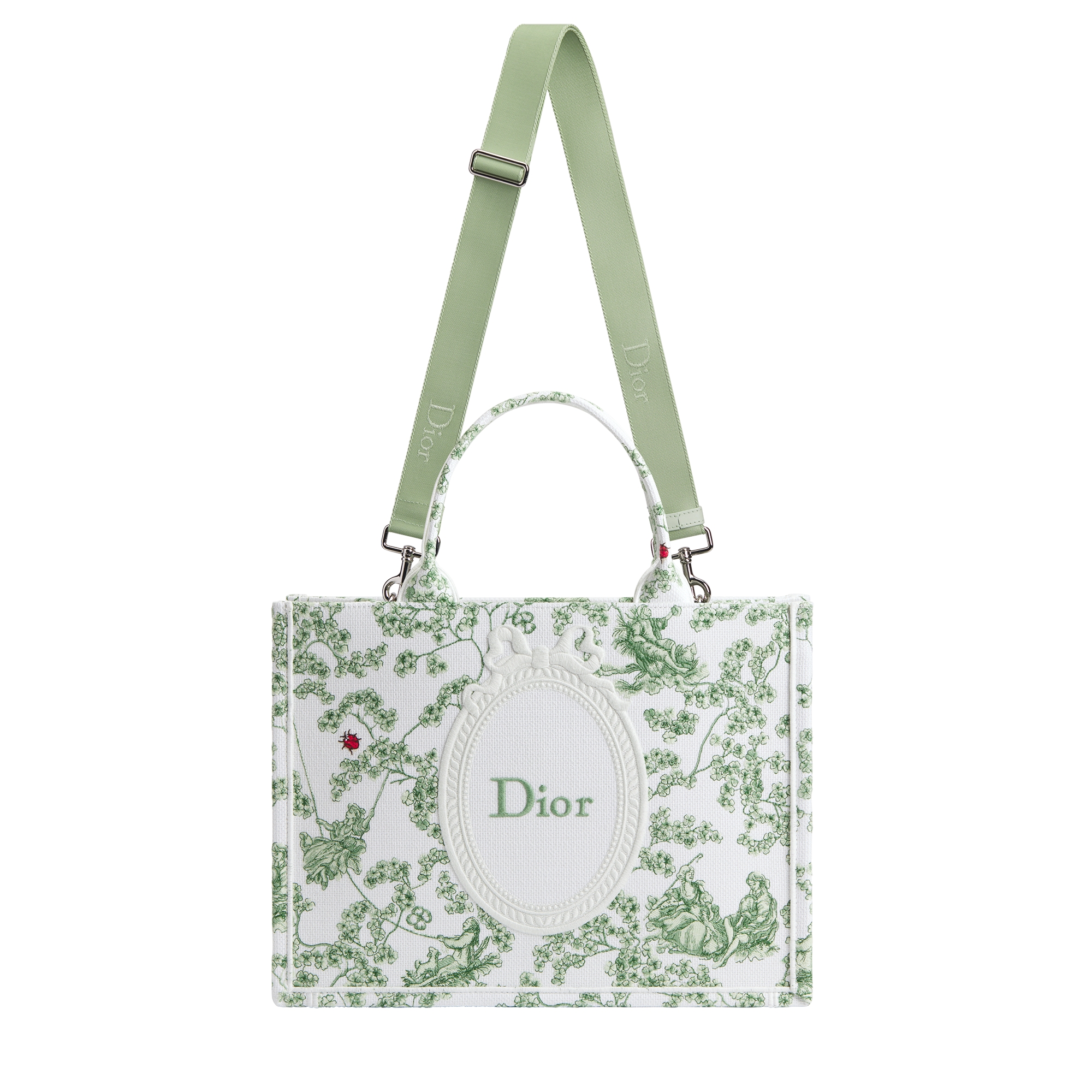 中号 Book Tote 手袋（附肩带） 绿色调多色四叶草茹伊印花刺绣和白色 Dior Médaillon 标志（36.5 x 26.5 x 16.5 厘米） E07