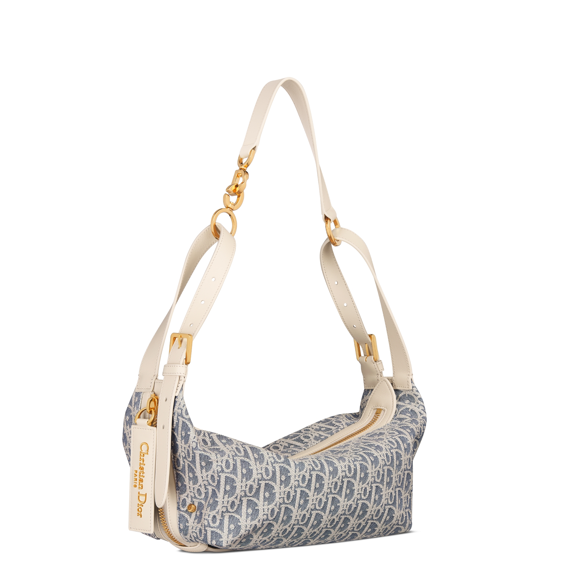 小号 D-Journey 手袋 蓝色酒椰草效果格纹布 Oblique 印花和浅饼干色光滑牛皮革 E03