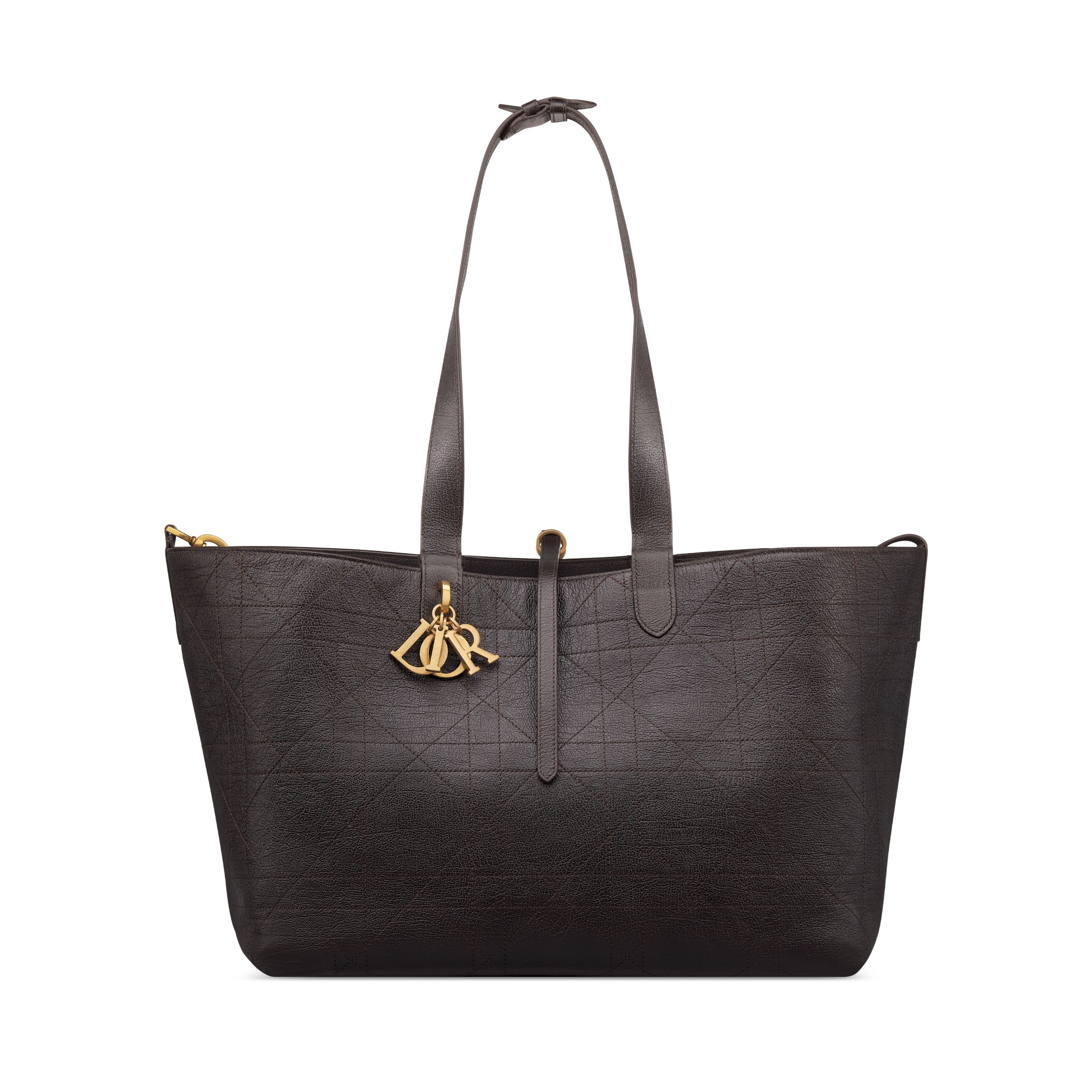 大号 Dior Toujours 手袋 巧克力棕光泽粒面牛皮革扁平超大藤格纹 E07