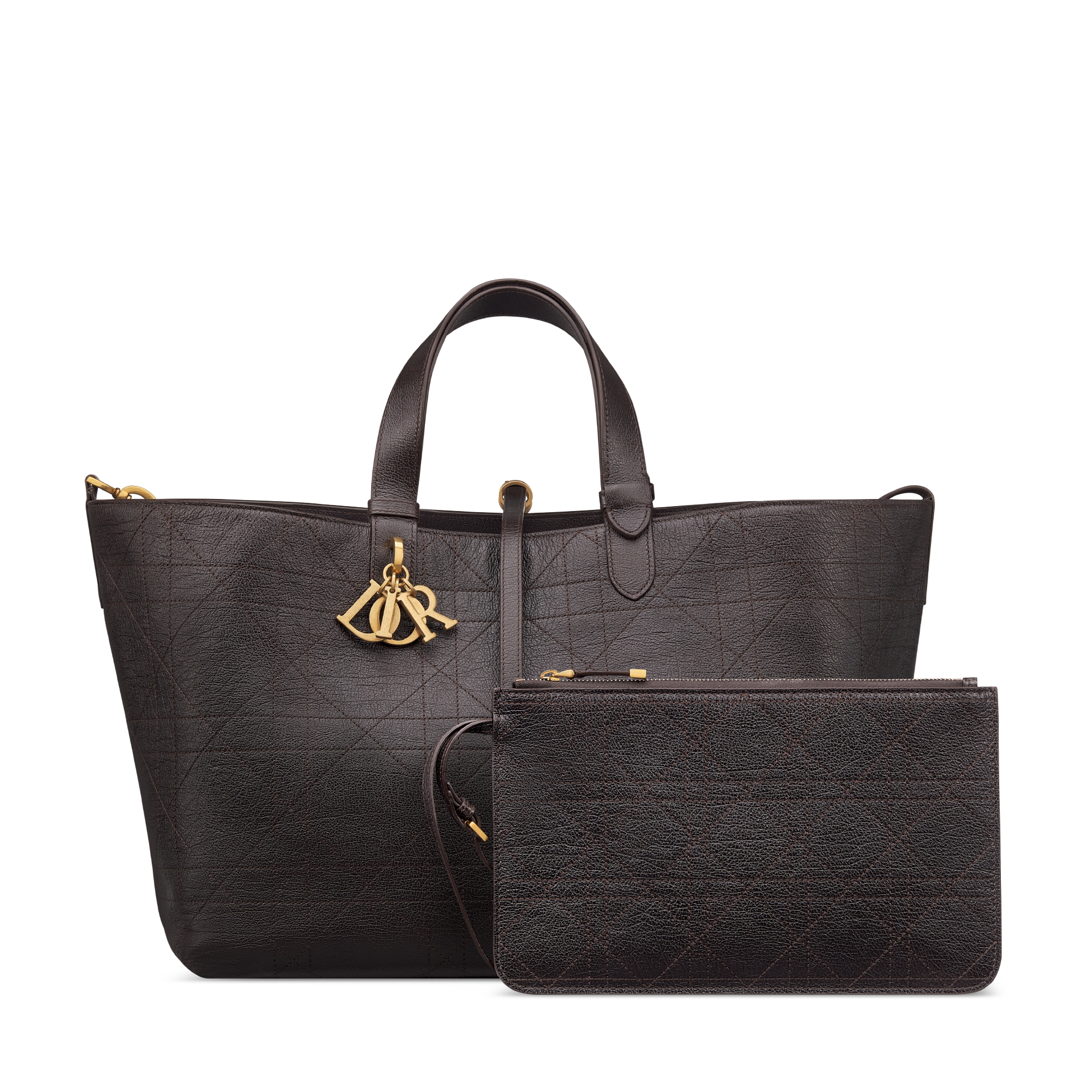 大号 Dior Toujours 手袋 巧克力棕光泽粒面牛皮革扁平超大藤格纹 E10