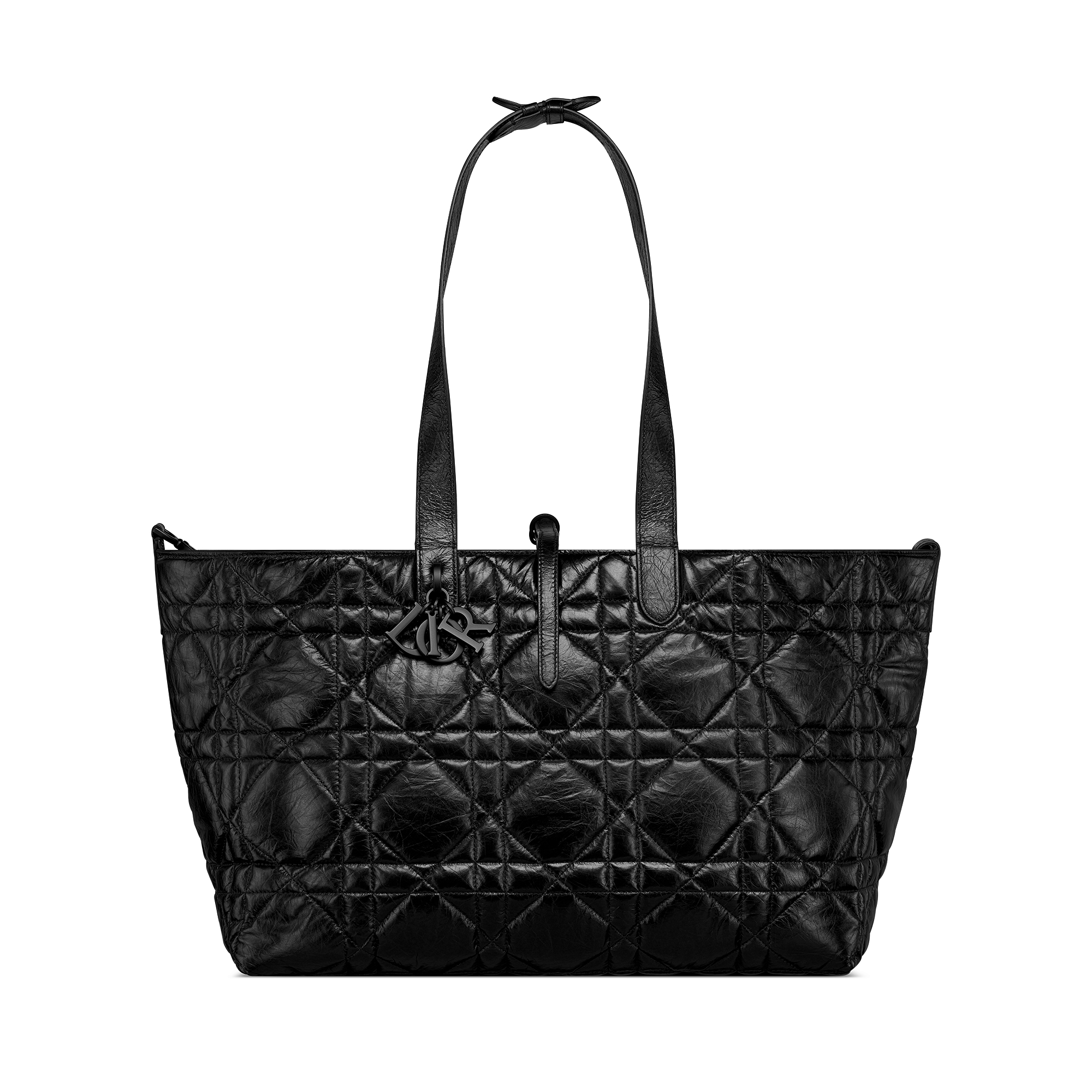 大号 Dior Toujours 手袋 黑色褶皱牛皮革超大藤格纹 E07