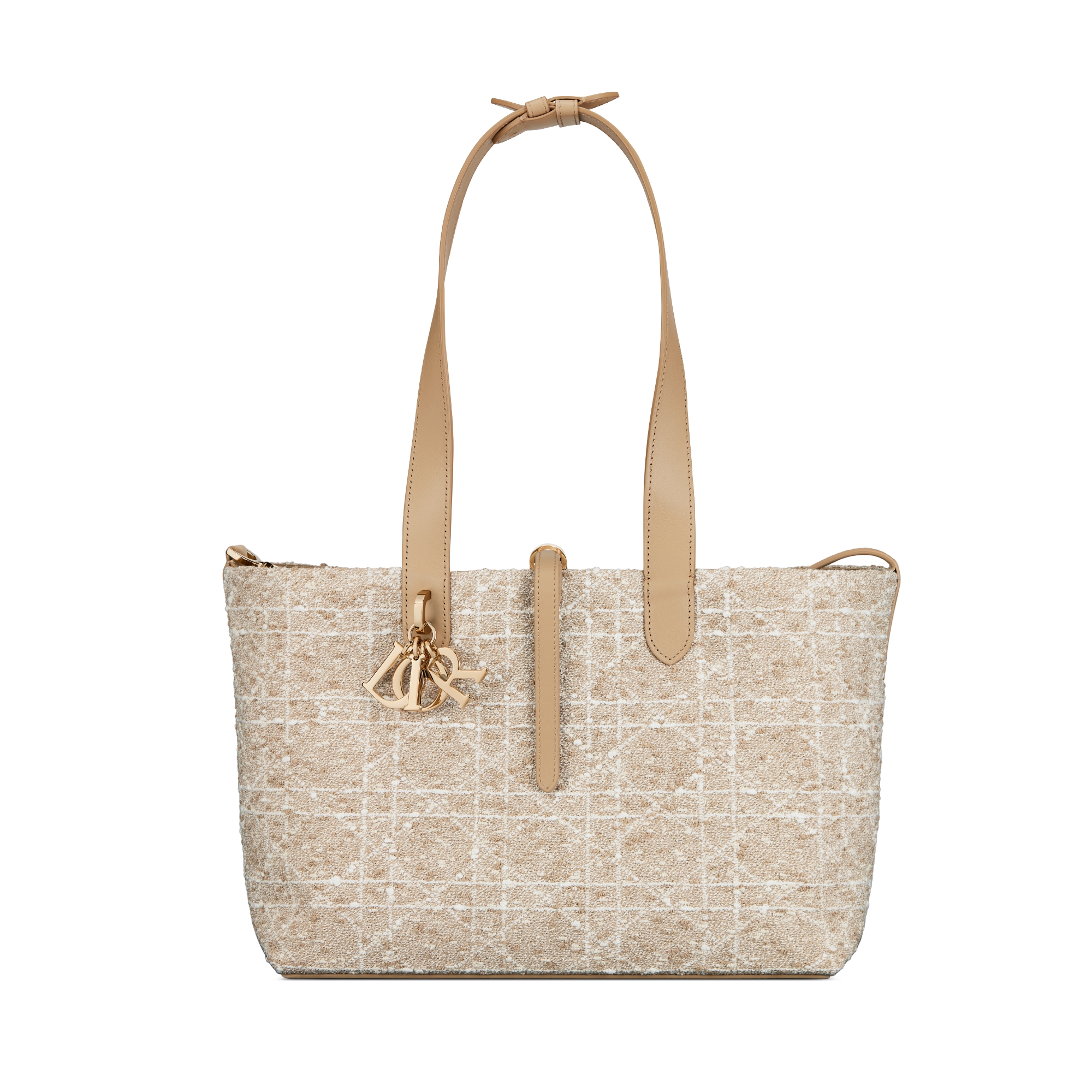 中号 Dior Toujours 手袋 浅饼干色粗花呢白色藤格纹图案 E07