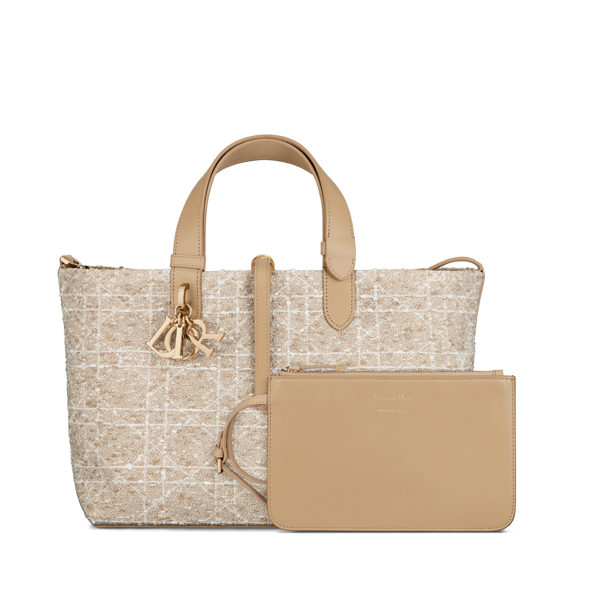 中号 Dior Toujours 手袋 浅饼干色粗花呢白色藤格纹图案 E10