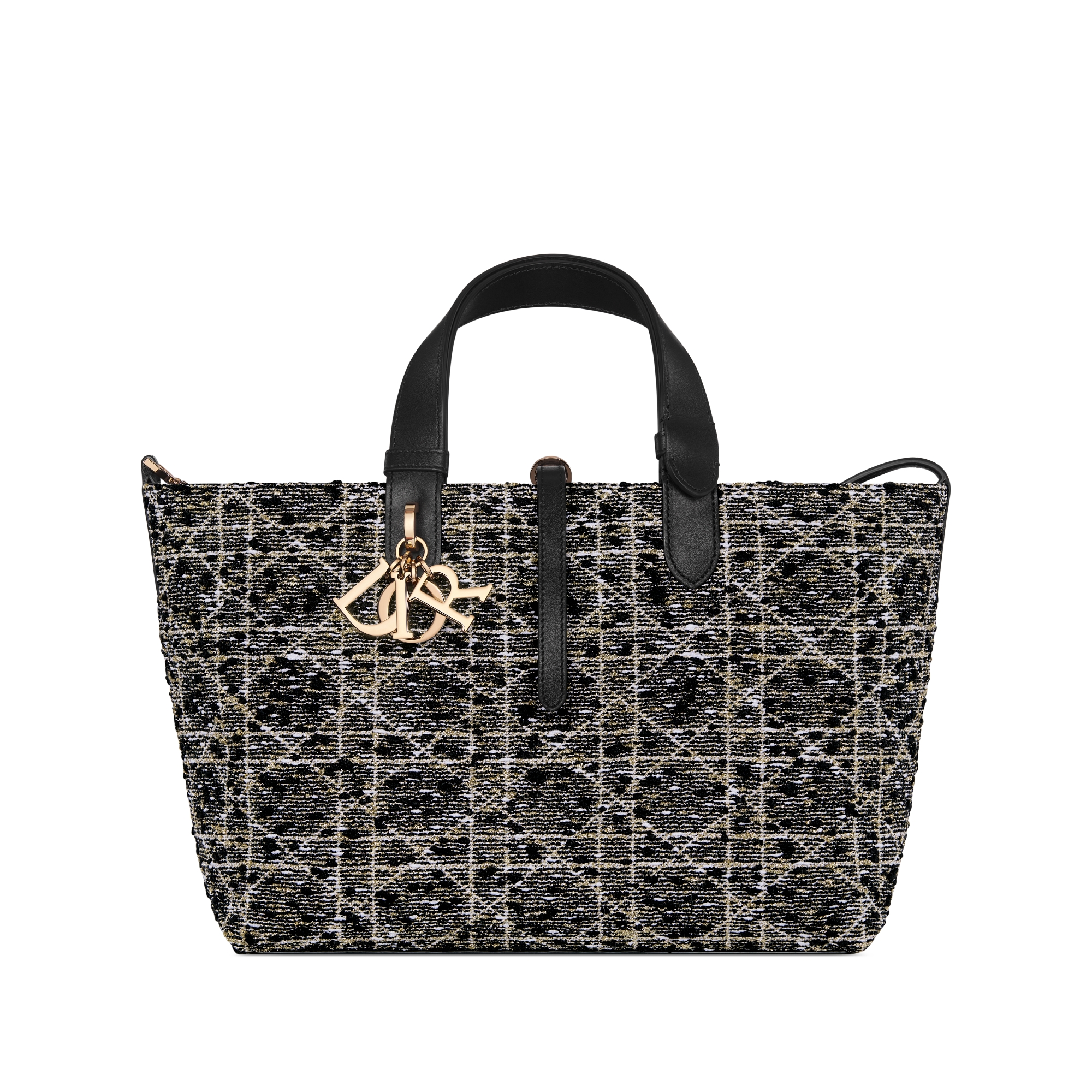 中号 Dior Toujours 手袋 黑色粗花呢金色调藤格纹图案 E01