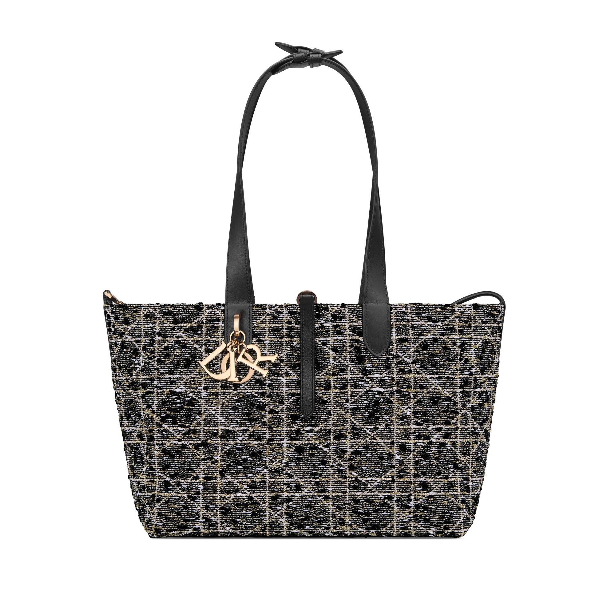 中号 Dior Toujours 手袋 黑色粗花呢金色调藤格纹图案 E07