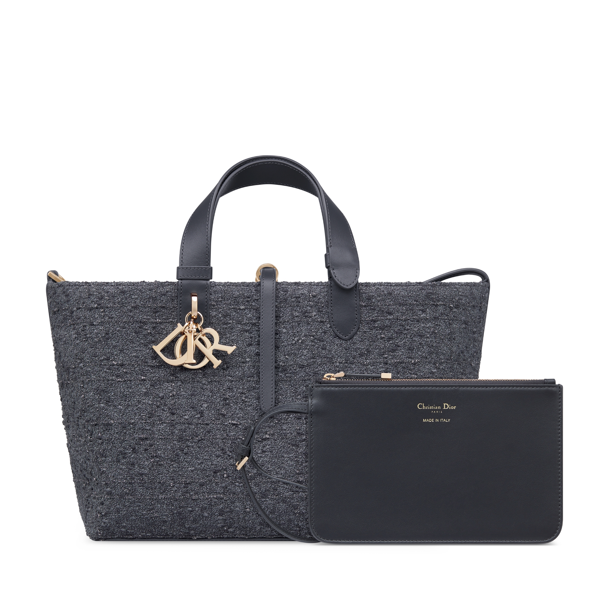 中号 Dior Toujours 手袋 灰色粗花呢银色金属光泽线藤格纹图案 E10