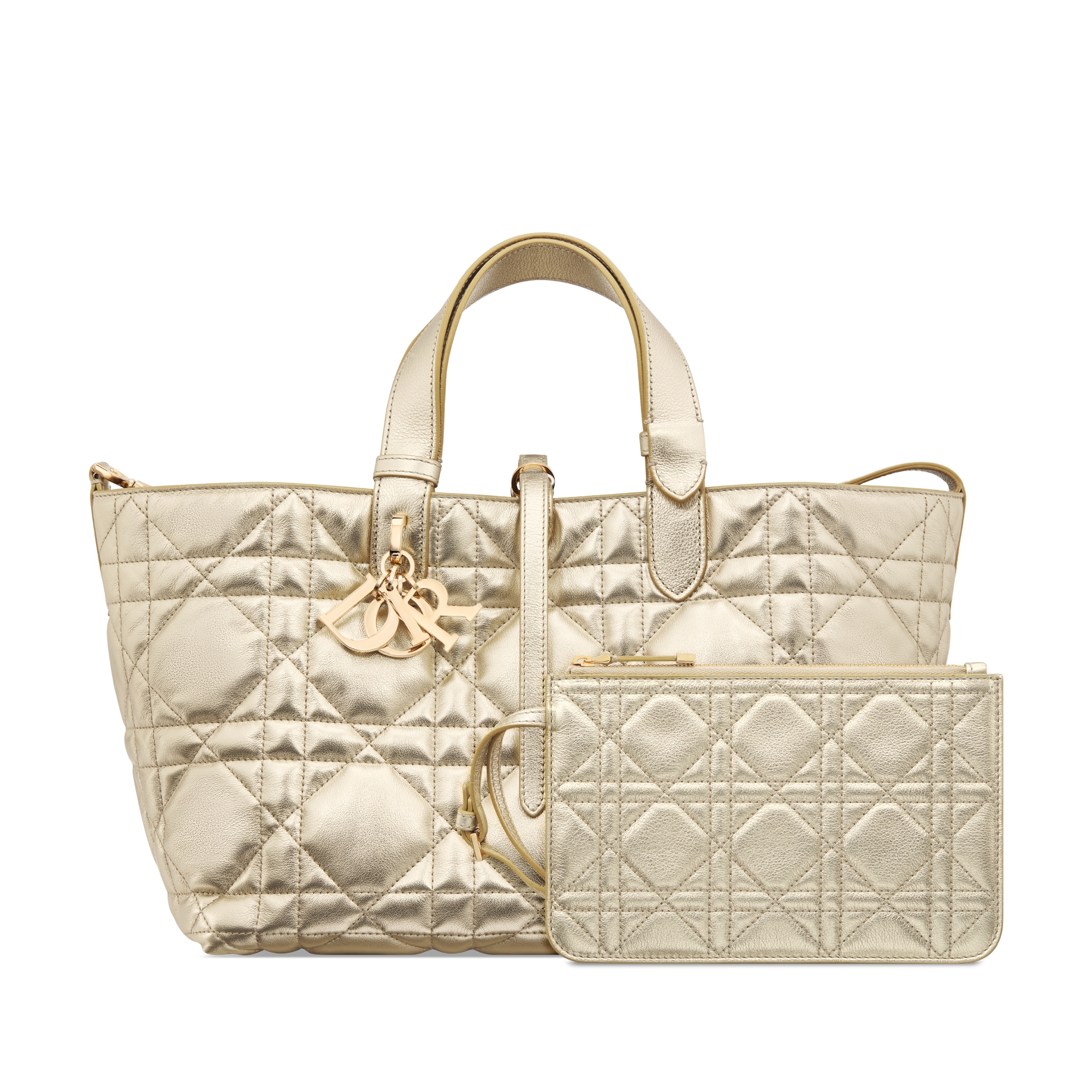 中号 Dior Toujours 手袋 金色调金属光泽牛皮革超大藤格纹 E10