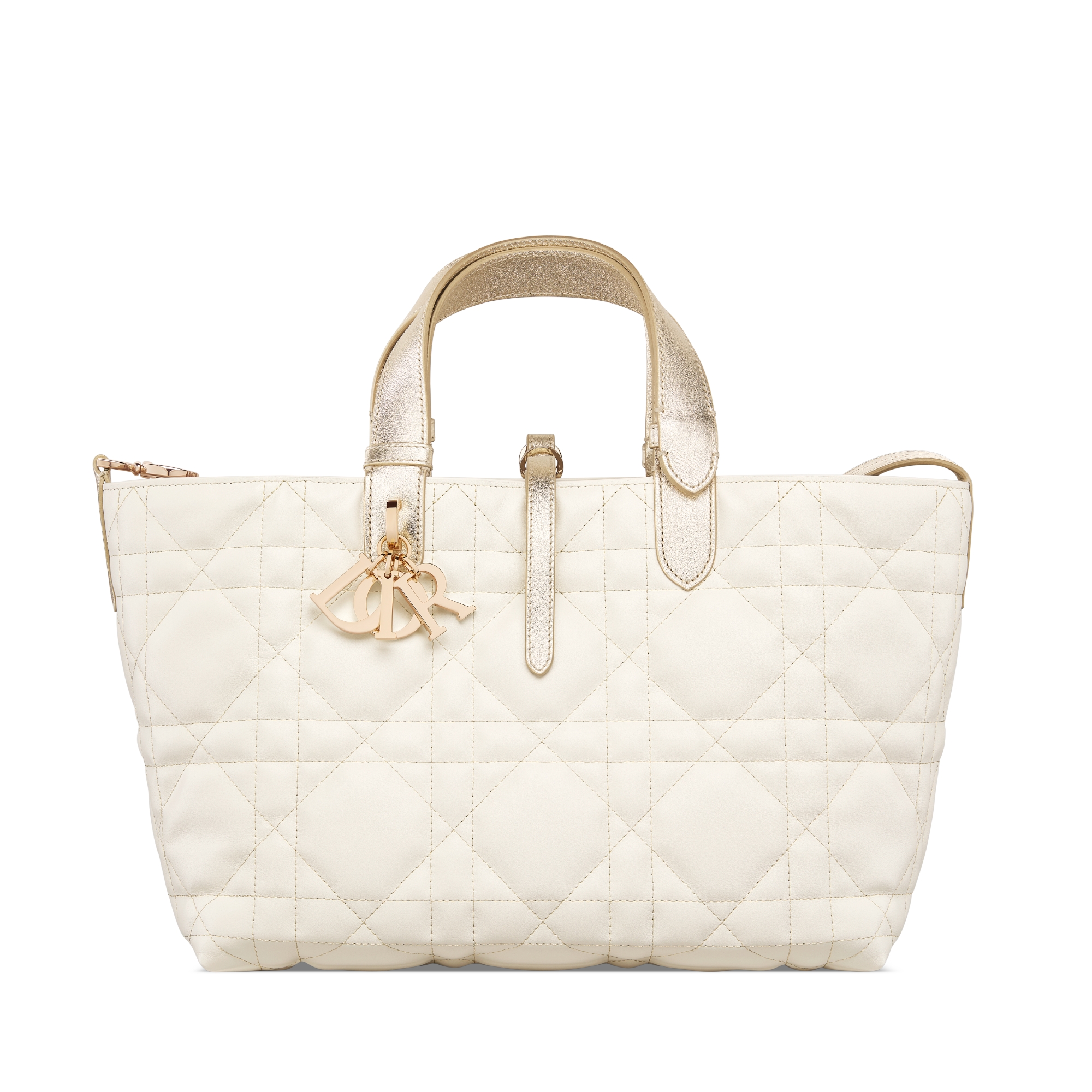 中号 Dior Toujours 手袋 金色和白色双色牛皮革超大藤格纹搭配金属光泽线 E01