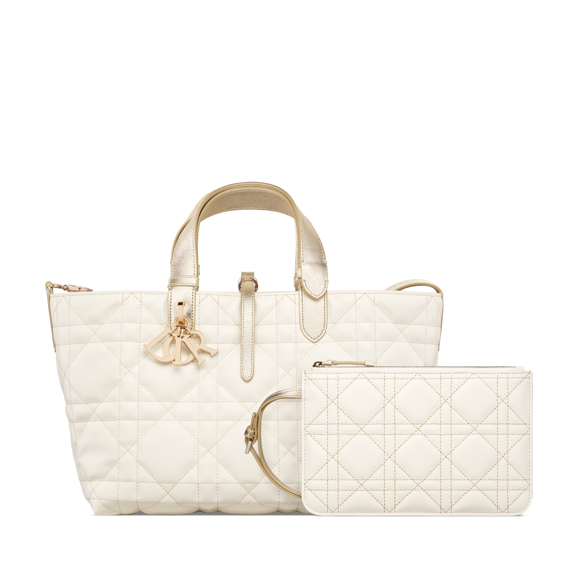 中号 Dior Toujours 手袋 金色和白色双色牛皮革超大藤格纹搭配金属光泽线 E10