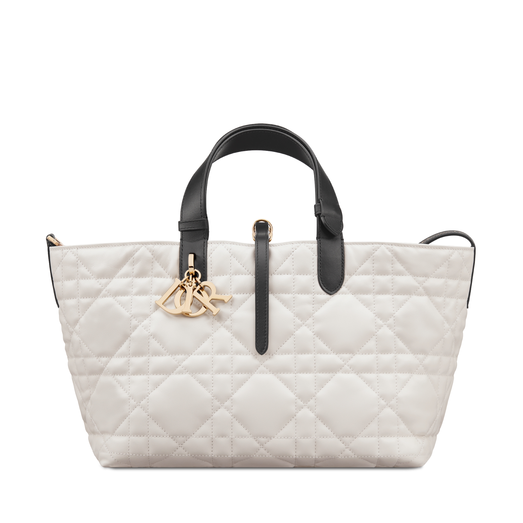 中号 Dior Toujours 手袋 奶白色和黑色牛皮革超大藤格纹 E01