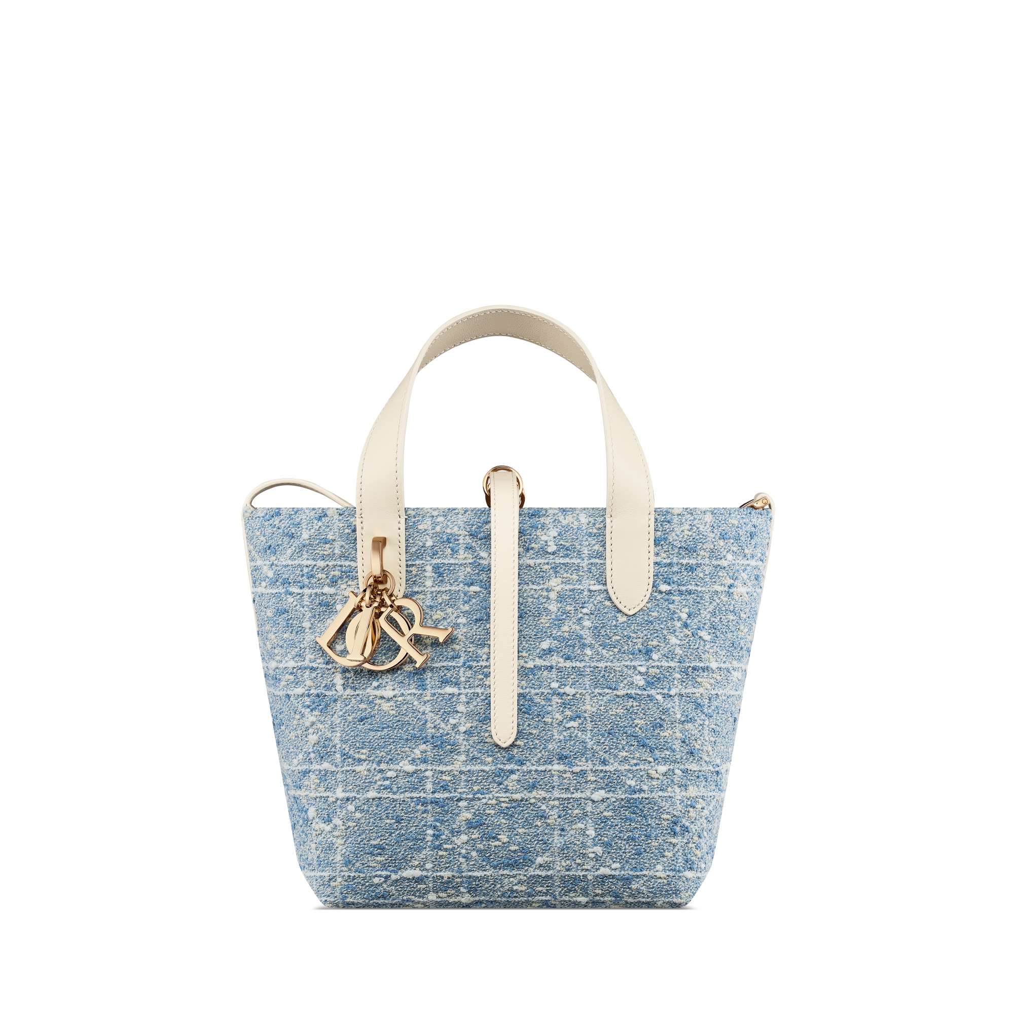 小号 Dior Toujours 竖版手袋 太空蓝粗花呢白色藤格纹图案和米色牛皮革 E01