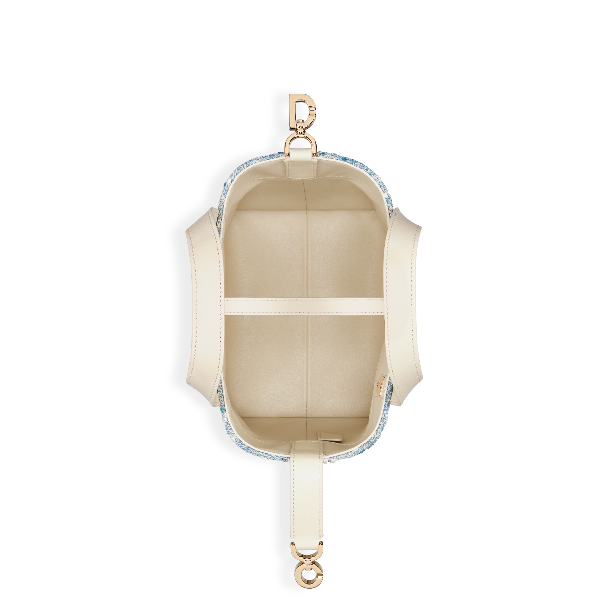 小号 Dior Toujours 竖版手袋 太空蓝粗花呢白色藤格纹图案和米色牛皮革 E06