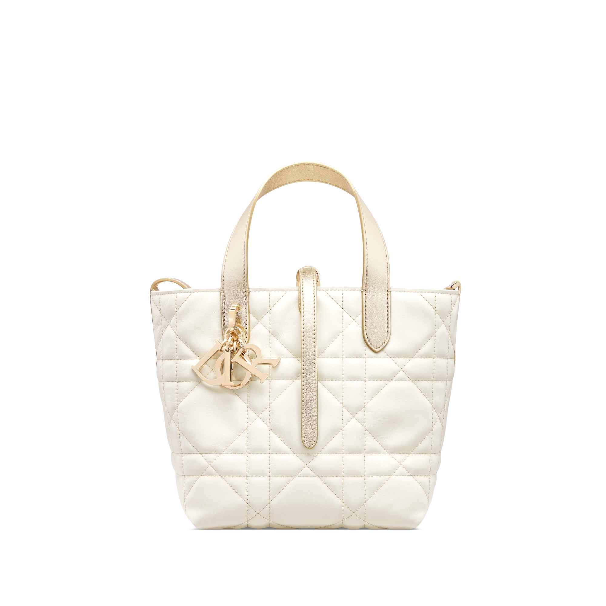 小号 Dior Toujours 竖版手袋 白色牛皮革金色金属光泽线超大藤格纹 E01