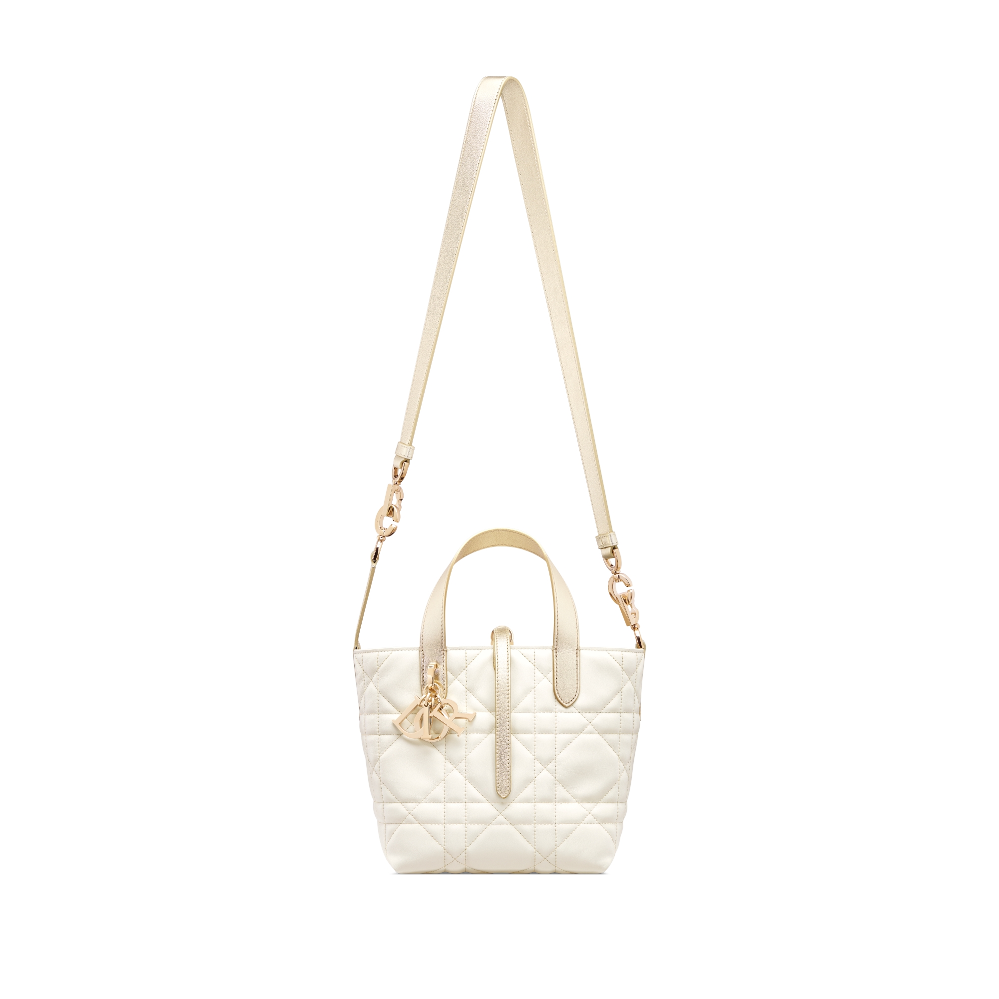 小号 Dior Toujours 竖版手袋 白色牛皮革金色金属光泽线超大藤格纹 E07