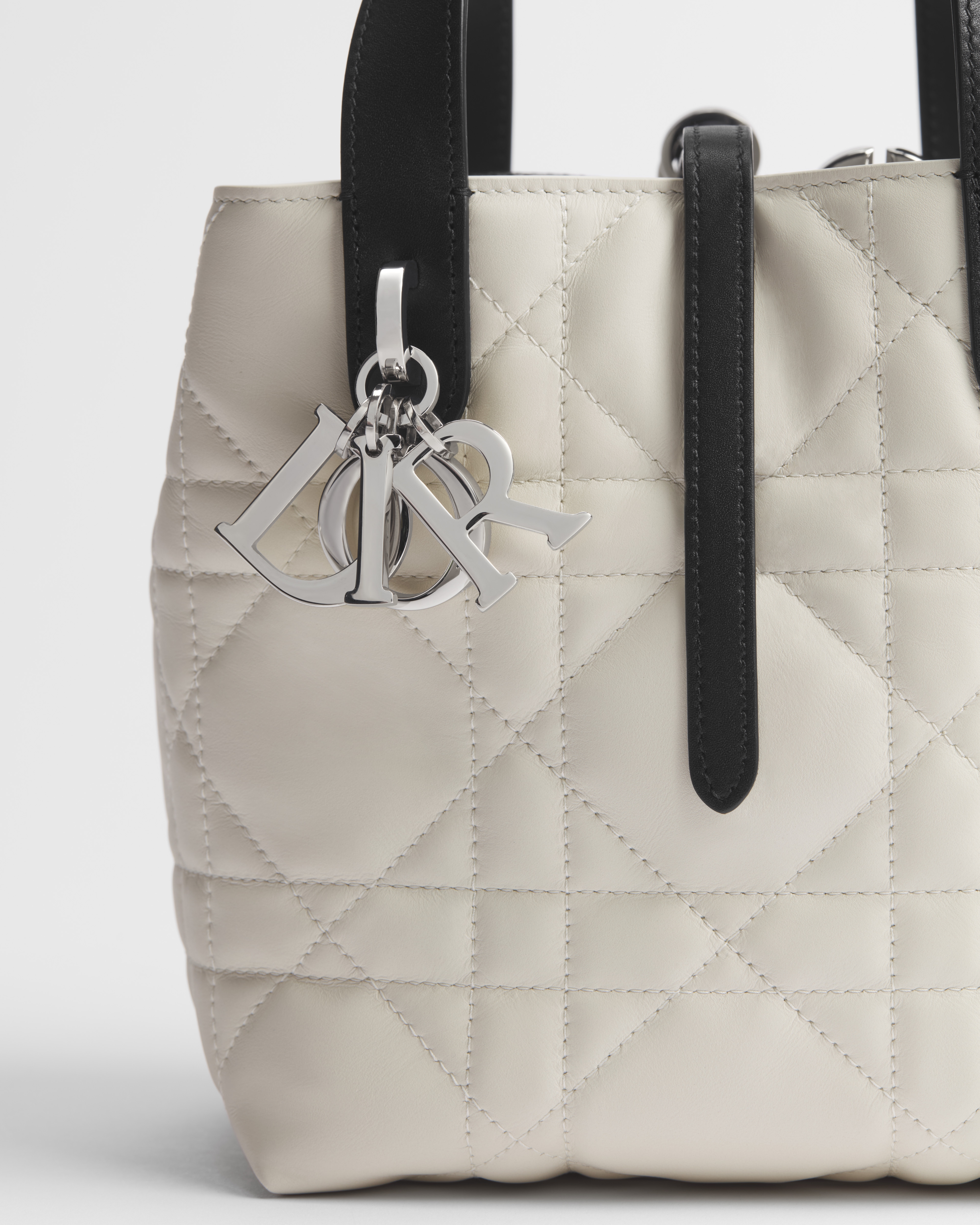 小号 Dior Toujours 竖版手袋 奶白色和黑色牛皮革超大藤格纹 E09