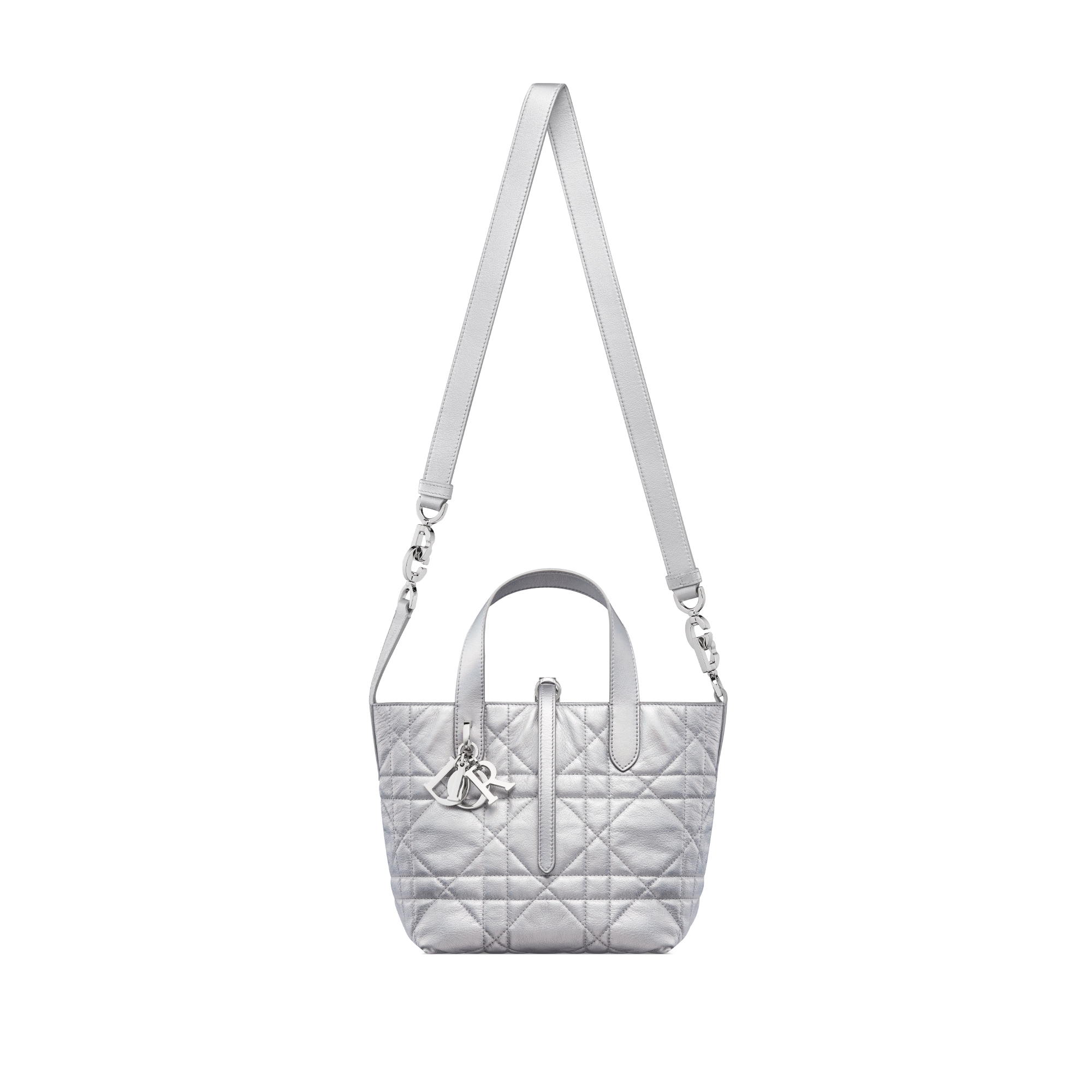 小号 Dior Toujours 竖版手袋 银色调彩虹色金属光泽牛皮革超大藤格纹 E07