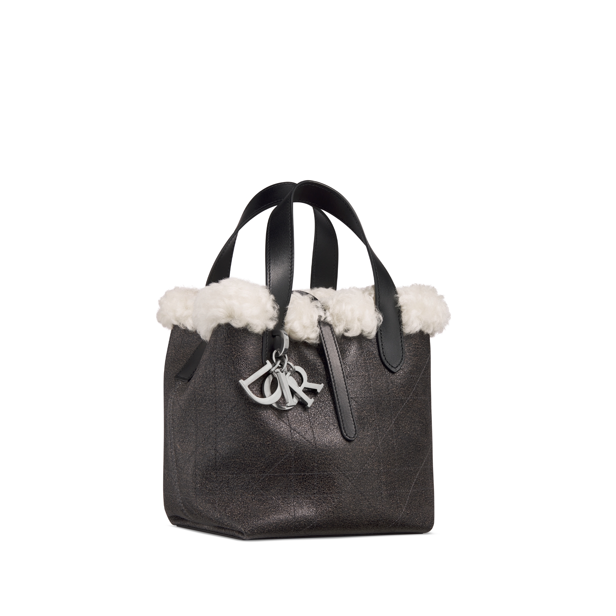 DiorAlps 小号 Dior Toujours 竖版手袋 煤灰色做旧效果羊皮革超大藤格纹和米白色美利奴绵羊毛 E03