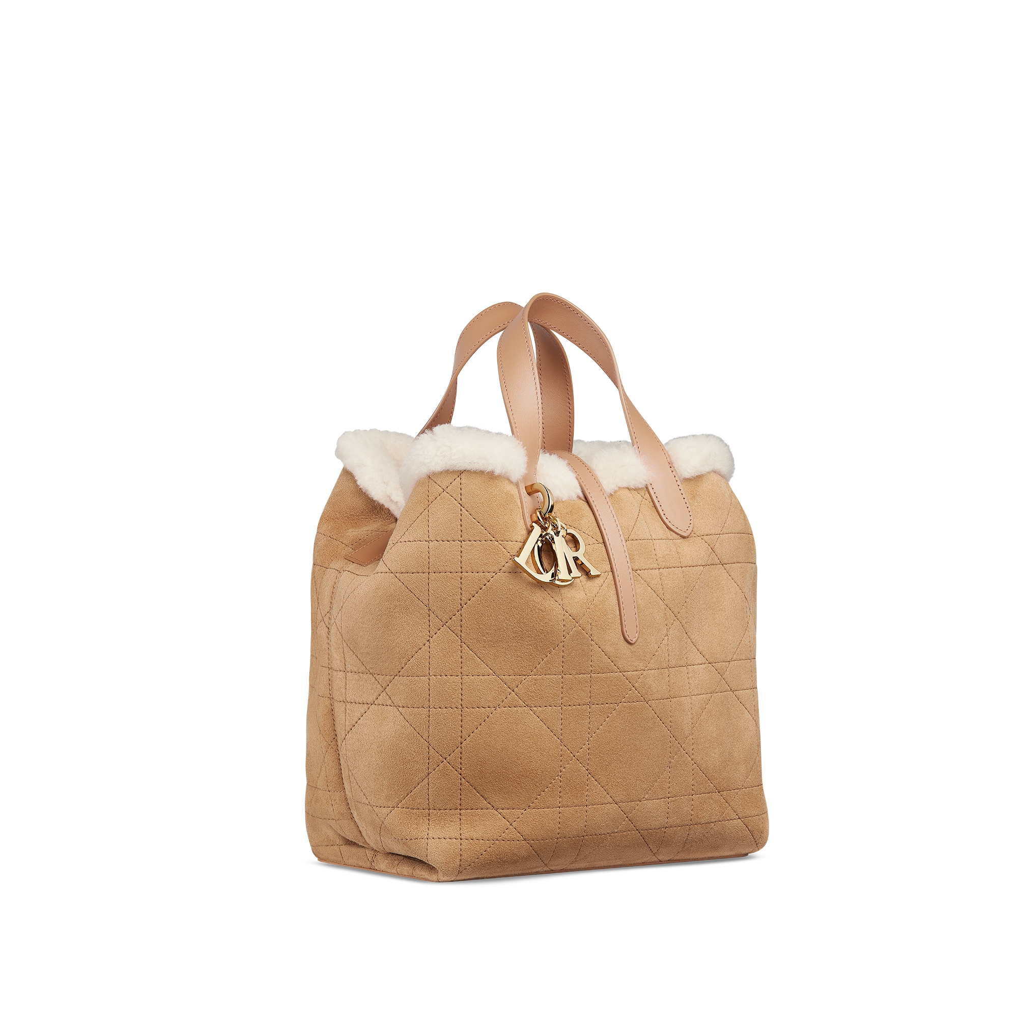 中号 DiorAlps Dior Toujours 竖版手袋 米色绒面牛皮革和米白色美利奴绵羊毛超大藤格纹 E03