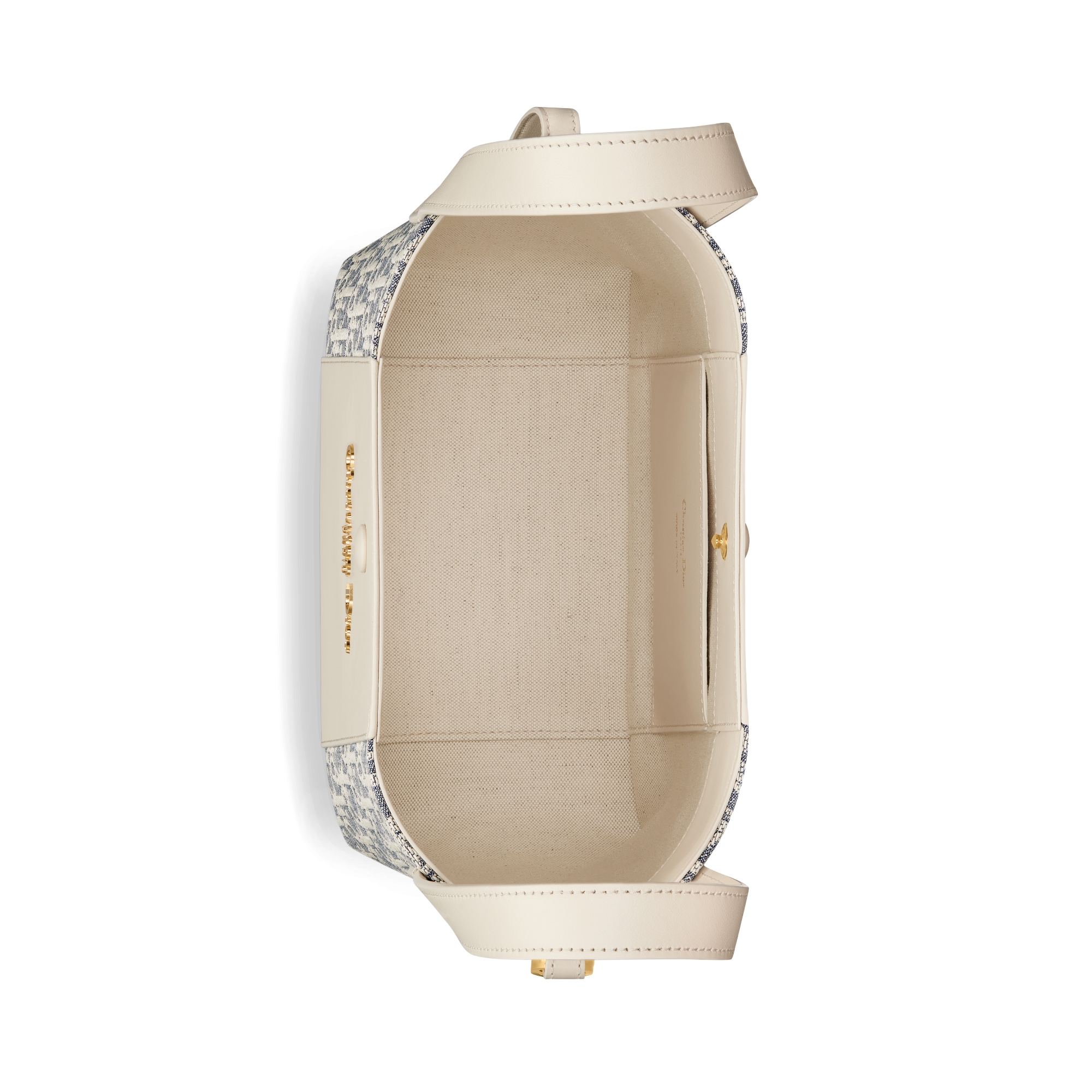 小号 Signature 水桶包 蓝色酒椰草效果格纹布 Oblique 印花和浅饼干色光滑牛皮革 E06