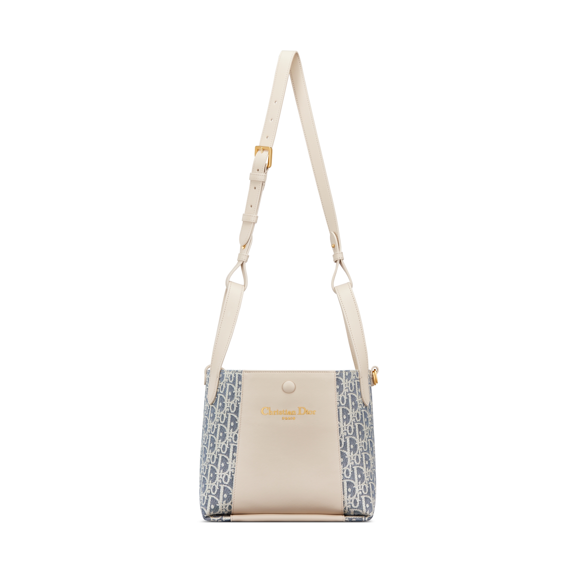 小号 Signature 水桶包 蓝色酒椰草效果格纹布 Oblique 印花和浅饼干色光滑牛皮革 E07