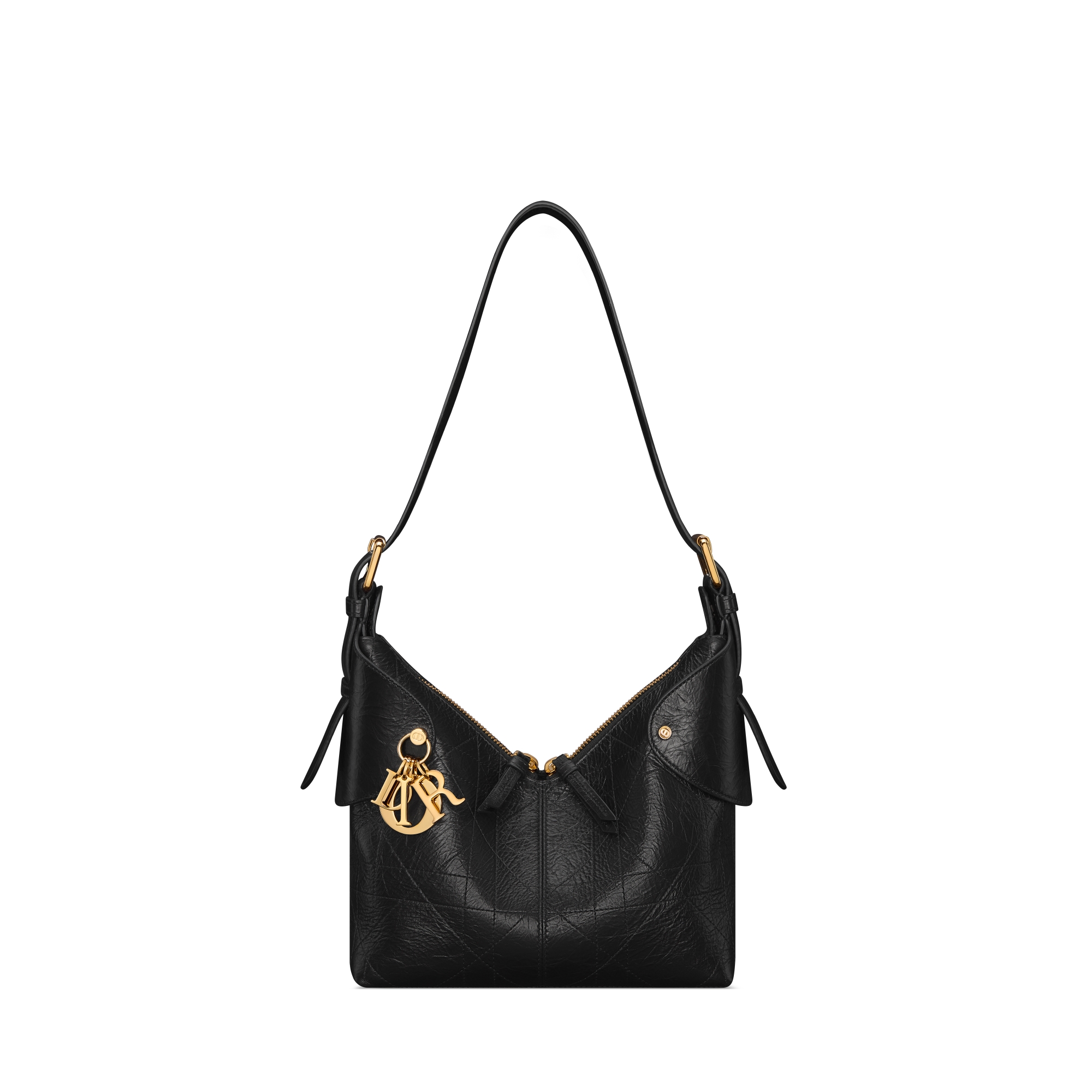 小号 Dior Voyage 手袋 黑色褶皱牛皮革扁平超大藤格纹 E01