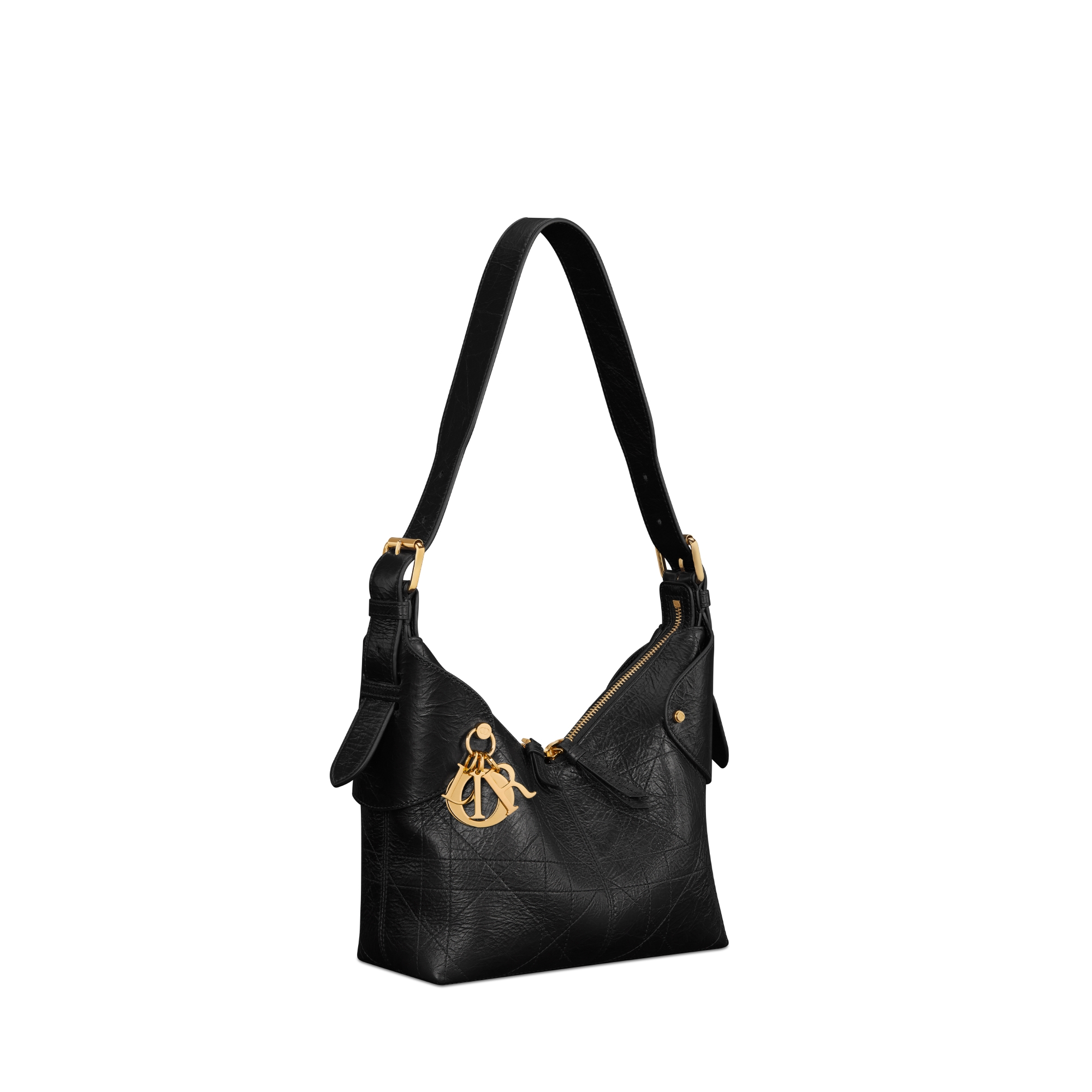 小号 Dior Voyage 手袋 黑色褶皱牛皮革扁平超大藤格纹 E03