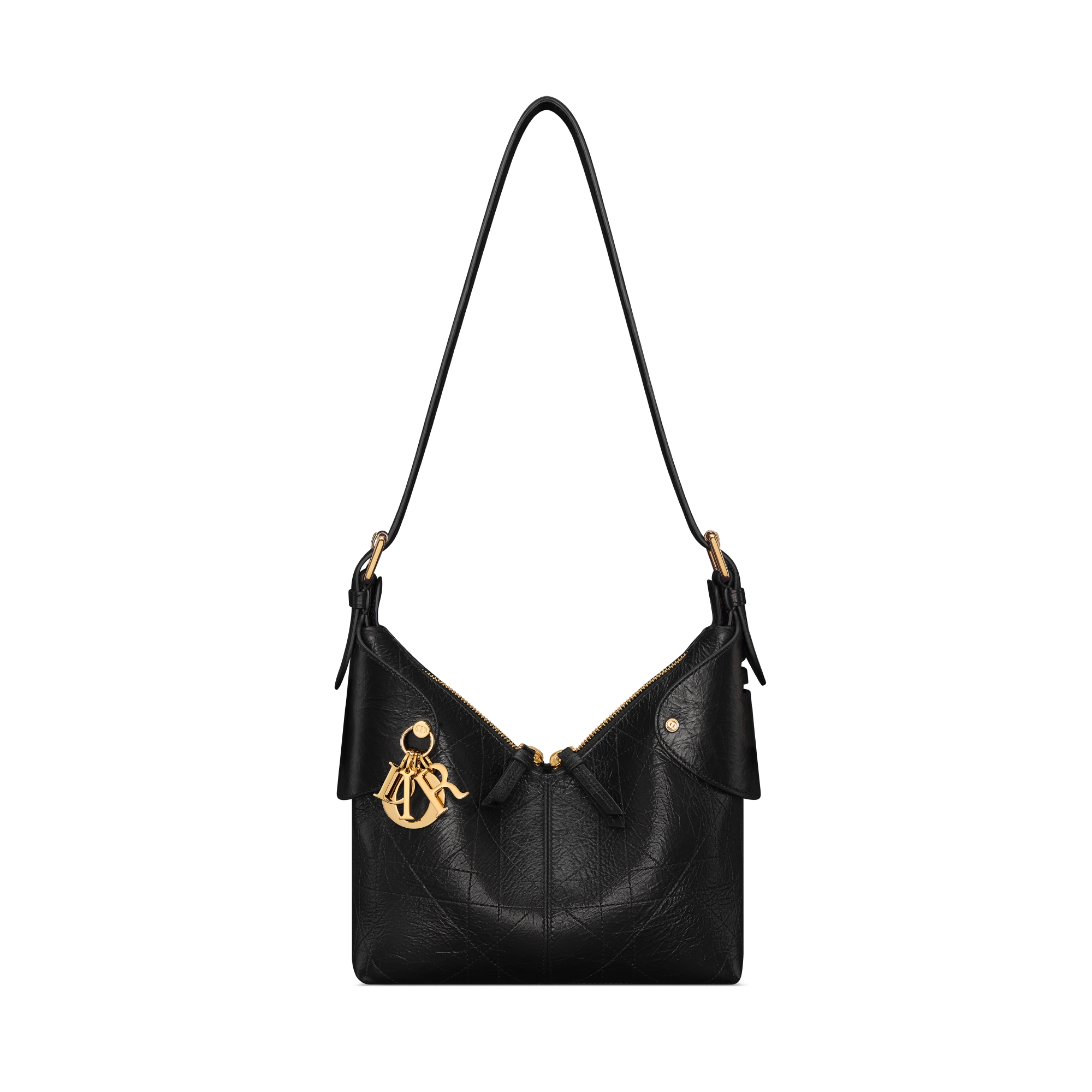 小号 Dior Voyage 手袋 黑色褶皱牛皮革扁平超大藤格纹 E07