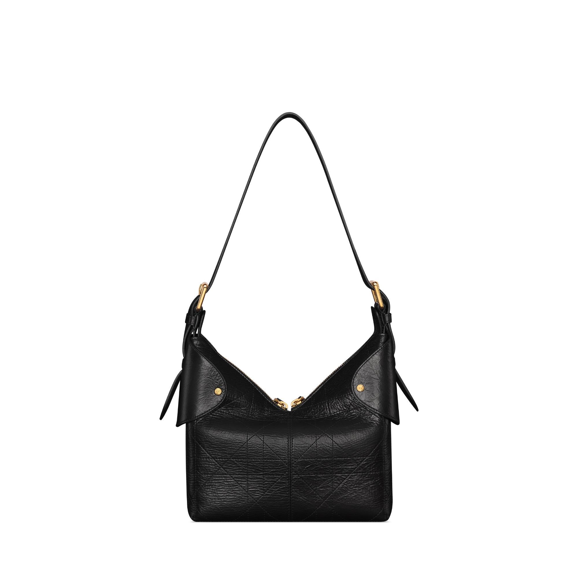 小号 Dior Voyage 手袋 黑色褶皱牛皮革扁平超大藤格纹 E08