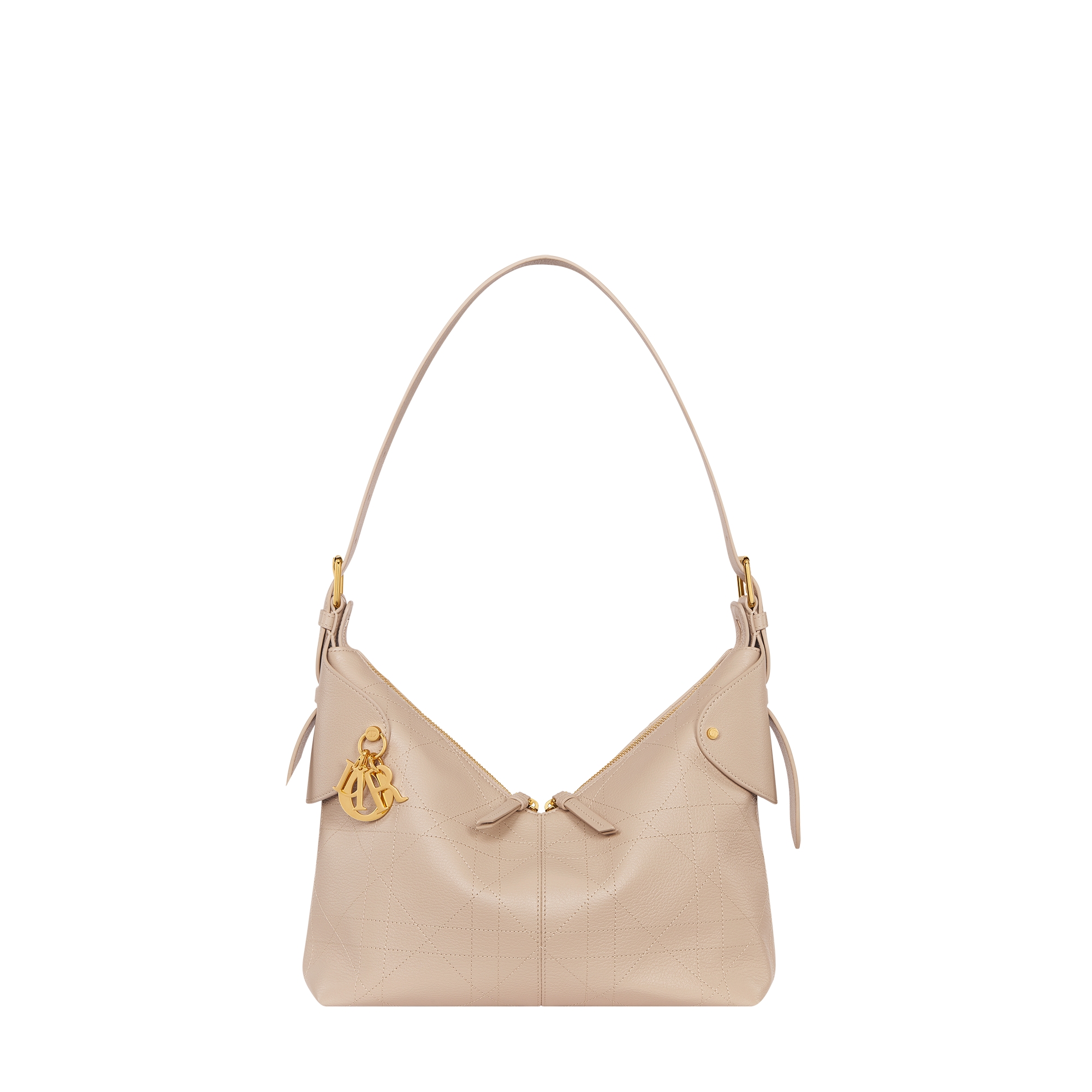  胭脂米色粒面牛皮革扁平超大藤格纹