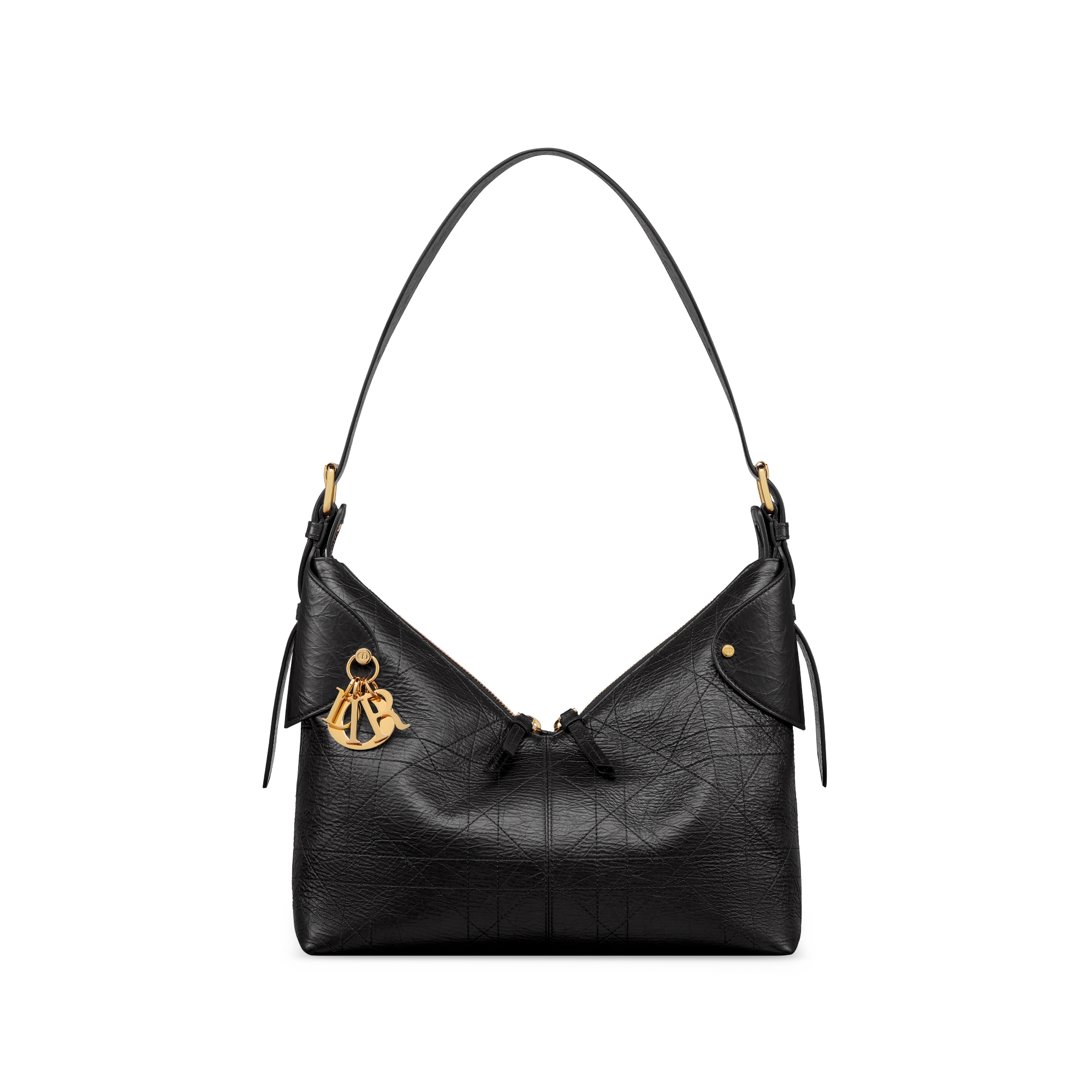 中号 Dior Voyage 手袋 黑色褶皱牛皮革扁平超大藤格纹 E01