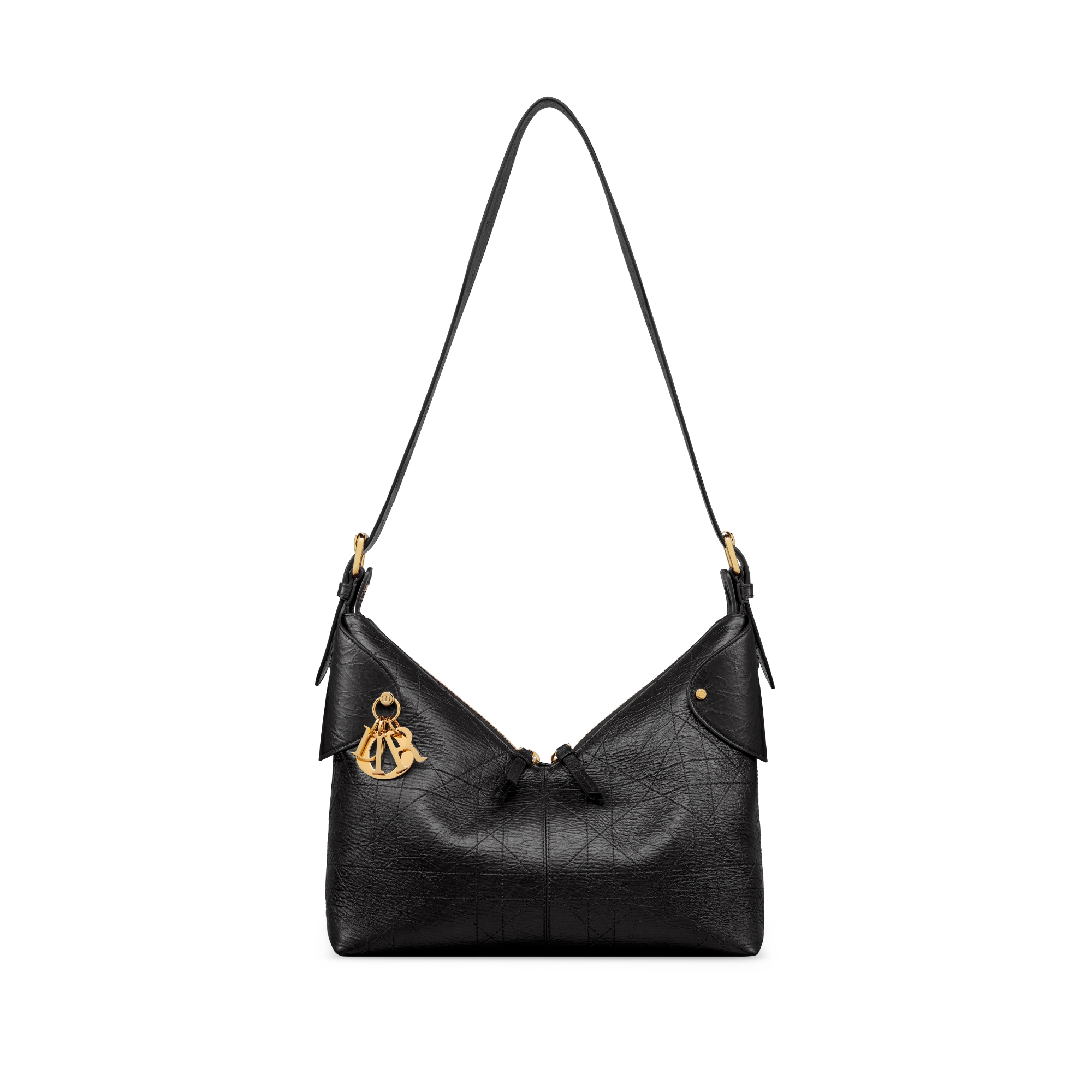 中号 Dior Voyage 手袋 黑色褶皱牛皮革扁平超大藤格纹 E07