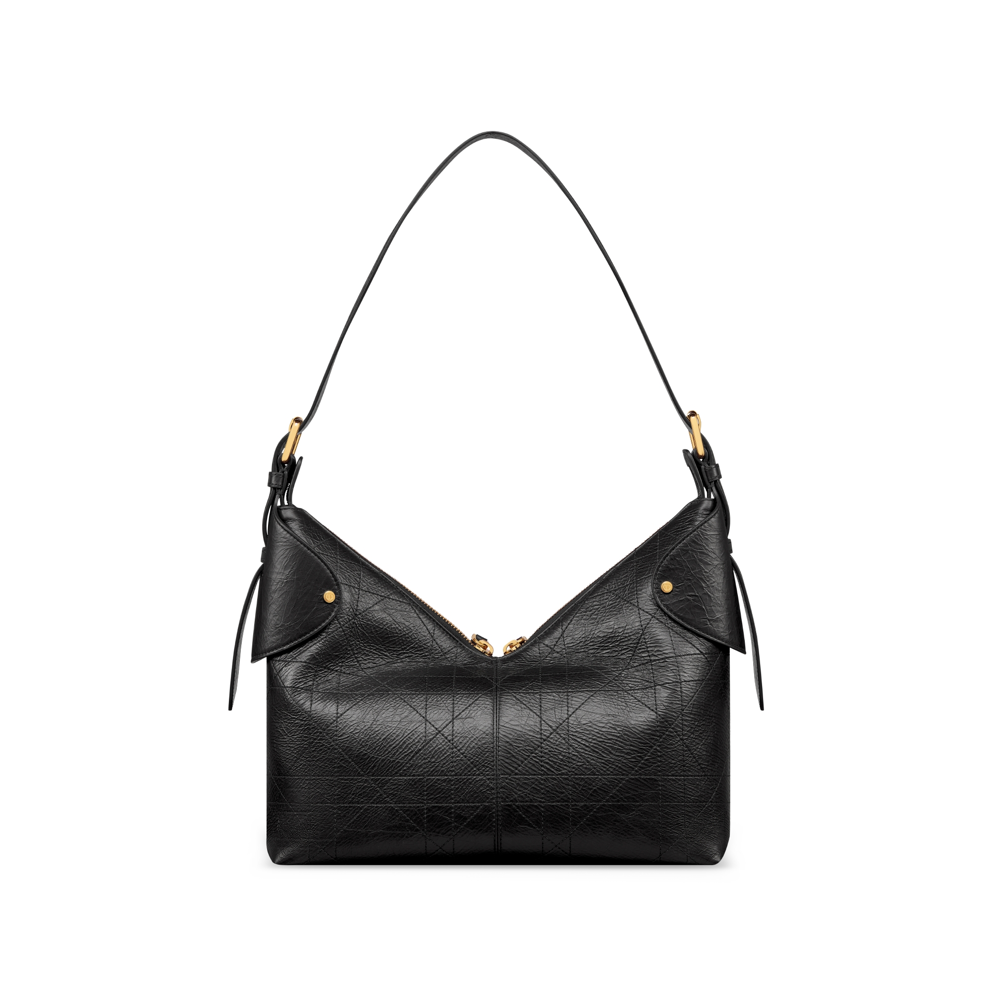 中号 Dior Voyage 手袋 黑色褶皱牛皮革扁平超大藤格纹 E08