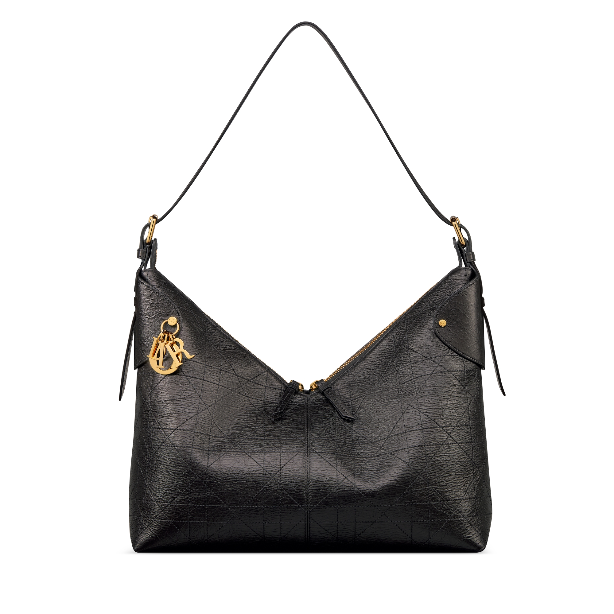 大号 Dior Voyage 手袋 黑色褶皱牛皮革扁平超大藤格纹 E01