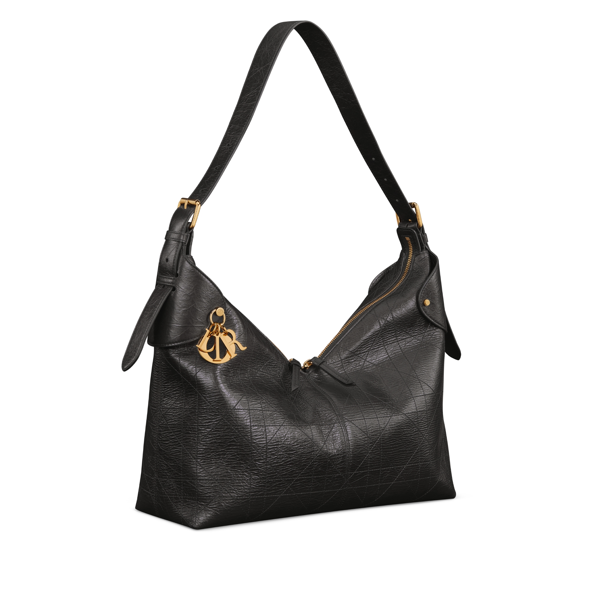 大号 Dior Voyage 手袋 黑色褶皱牛皮革扁平超大藤格纹 E03