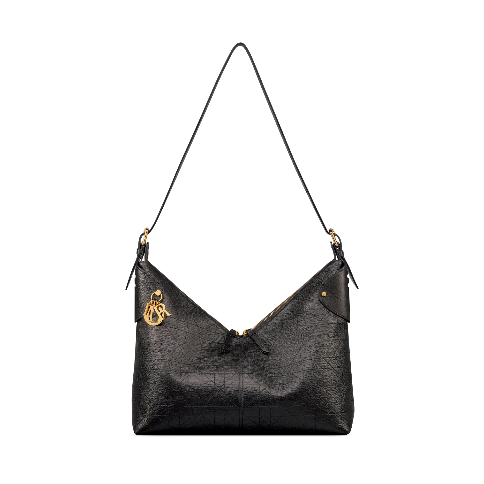 大号 Dior Voyage 手袋 黑色褶皱牛皮革扁平超大藤格纹 E07