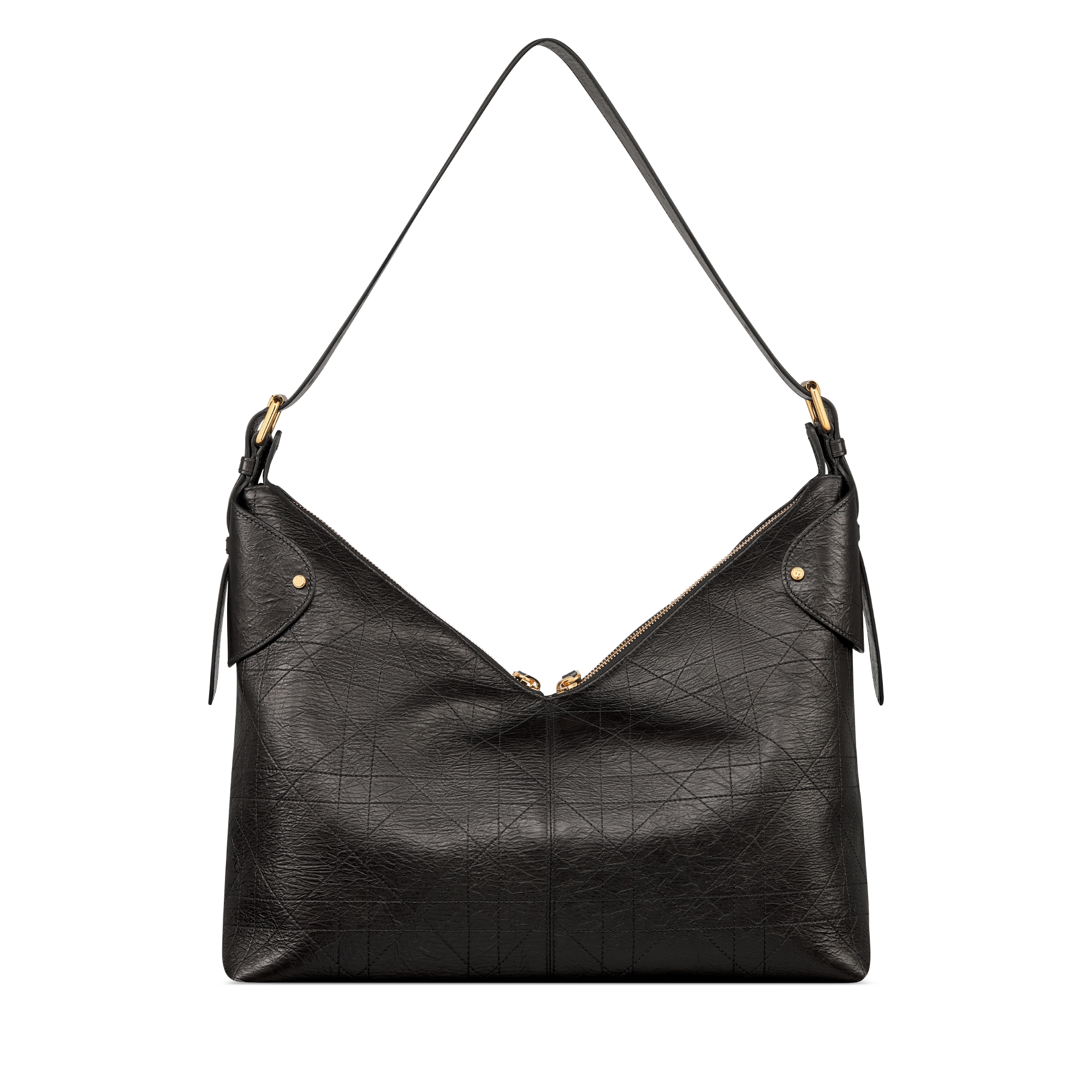 大号 Dior Voyage 手袋 黑色褶皱牛皮革扁平超大藤格纹 E08