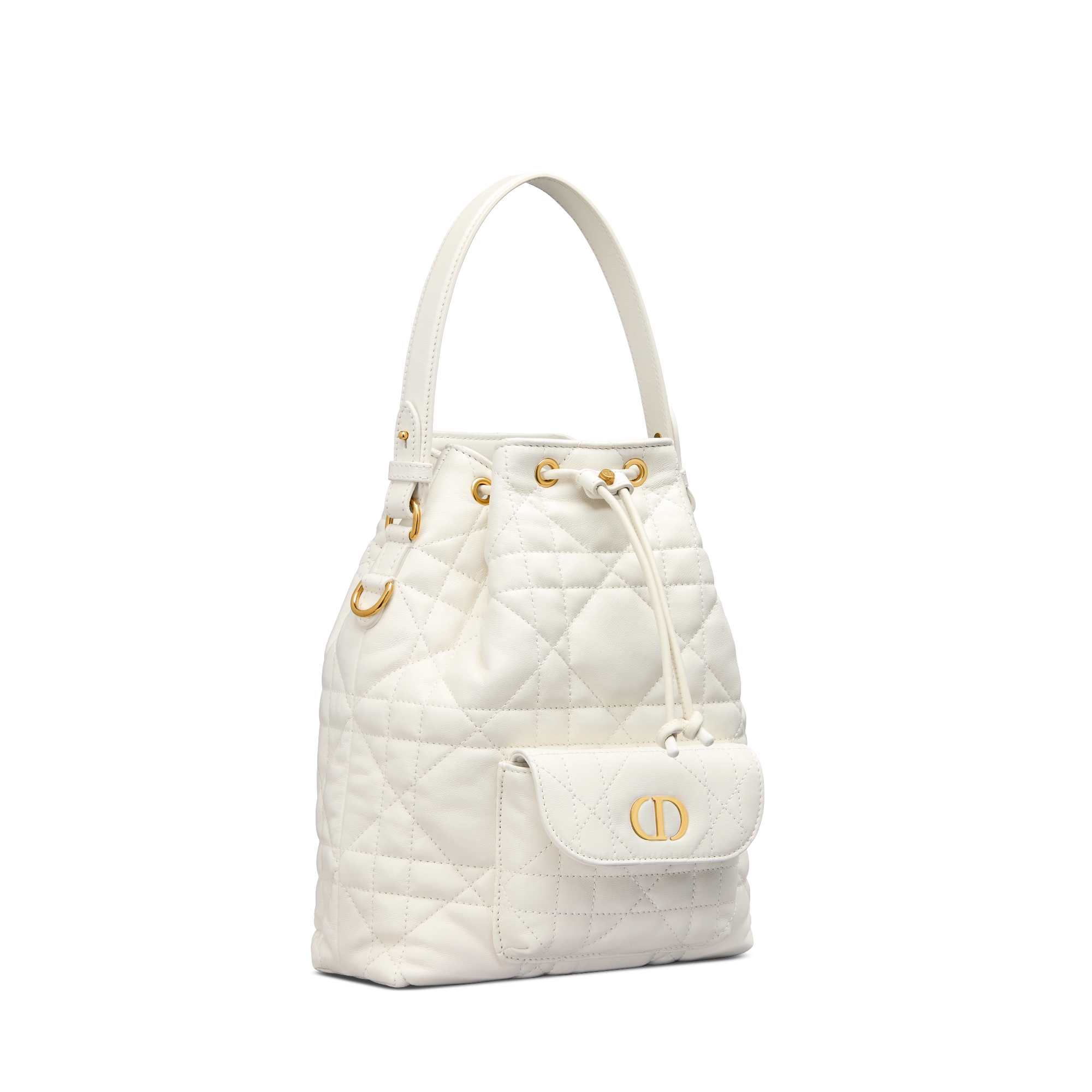 小号 Dior Caro 水桶包 奶白色羊皮革超大藤格纹 E03