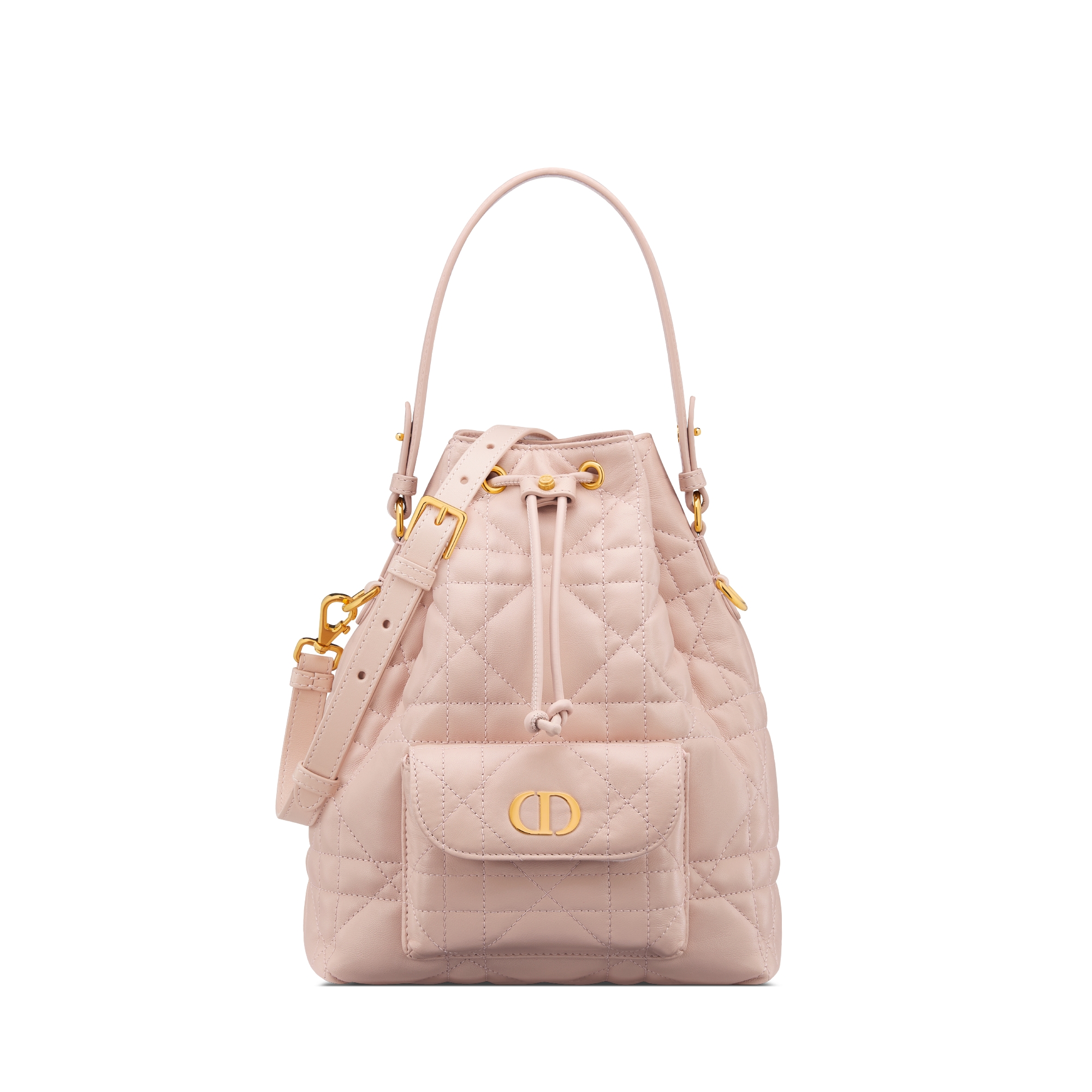 小号 Dior Caro 水桶包 胭脂粉色羊皮革超大藤格纹 E01