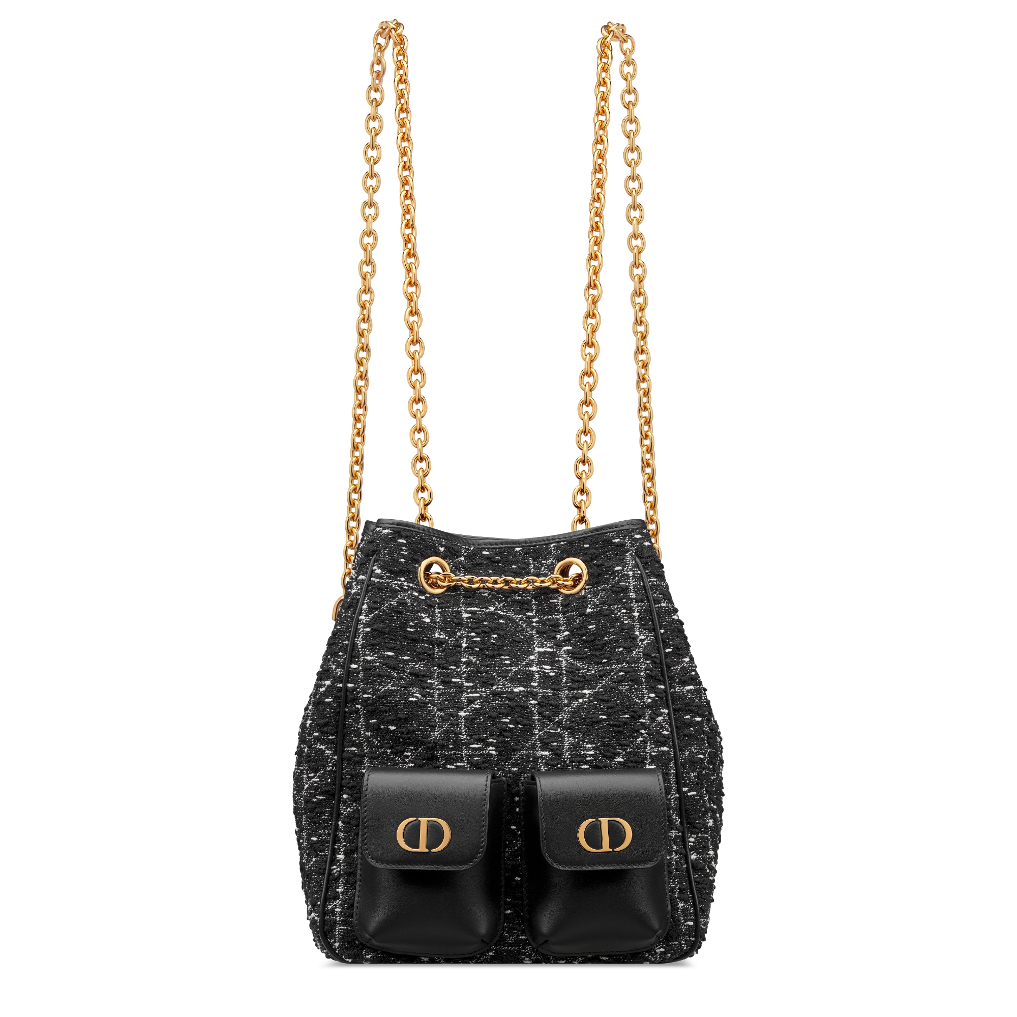 中号 Dior Caro Multicarry 双肩背包（附链条） 黑色粗花呢白色藤格纹图案 E01