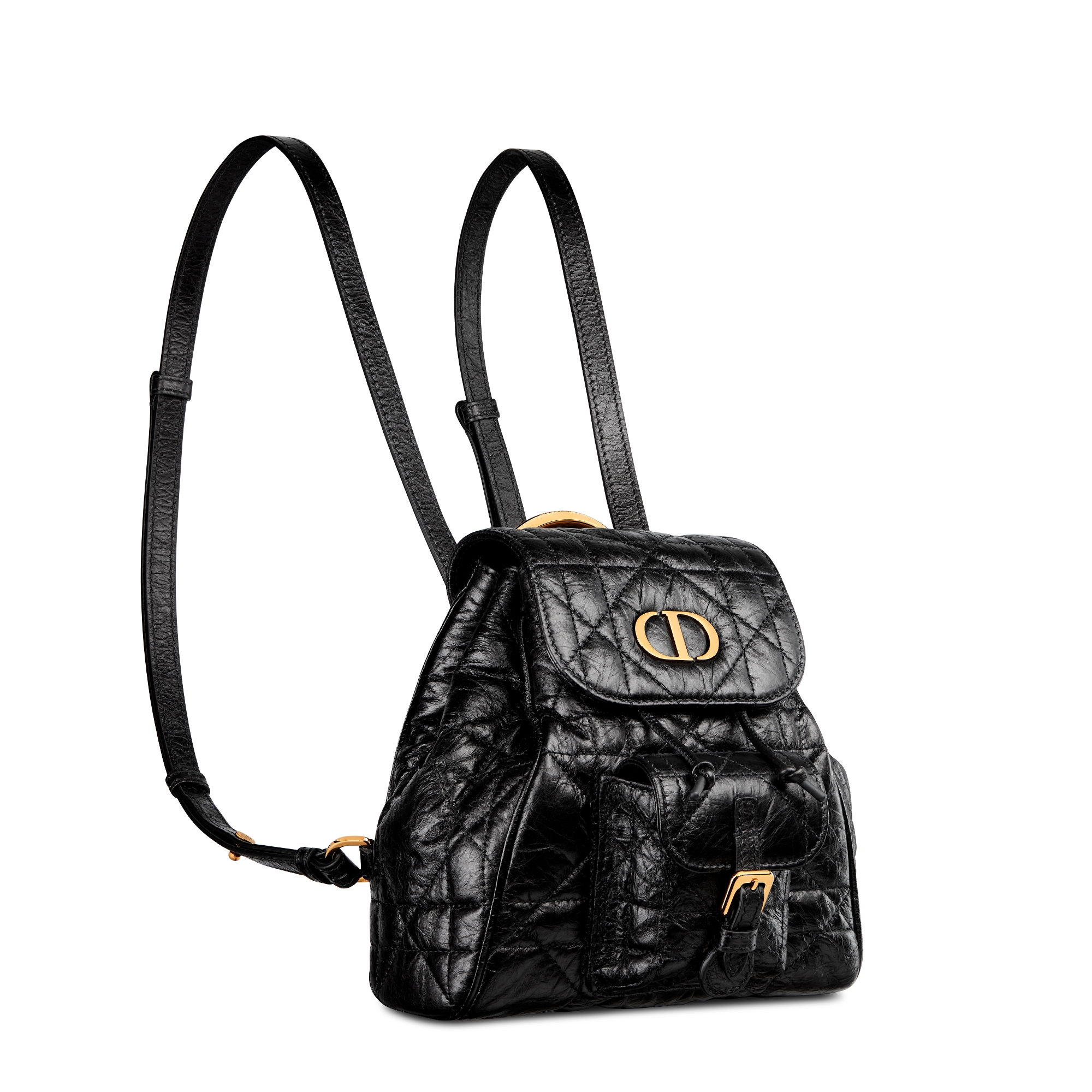 小号 Dior Caro 双肩背包 黑色褶皱牛皮革超大藤格纹 E03