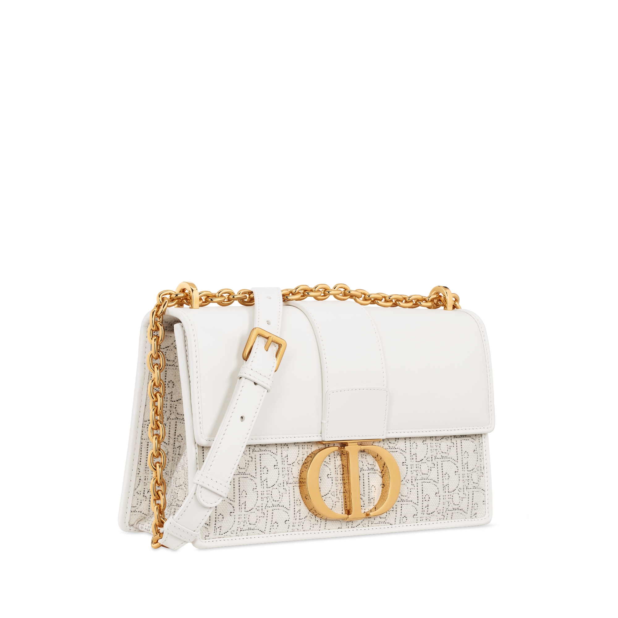 30 Montaigne 链条手袋 奶白色光滑牛皮革和白色 Oblique 印花面料搭配对比鲜明的黑色缉面线 E03