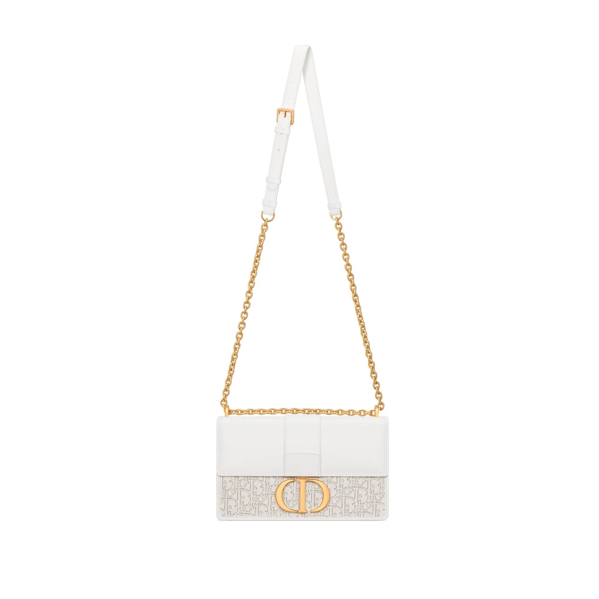 30 Montaigne 链条手袋 奶白色光滑牛皮革和白色 Oblique 印花面料搭配对比鲜明的黑色缉面线 E07