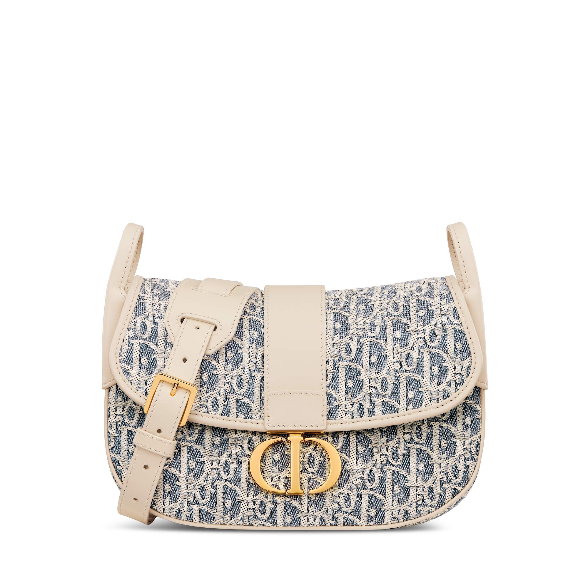 中号 30 Montaigne 学院包 蓝色酒椰草效果格纹布 Oblique 印花和浅饼干色光滑牛皮革 E01