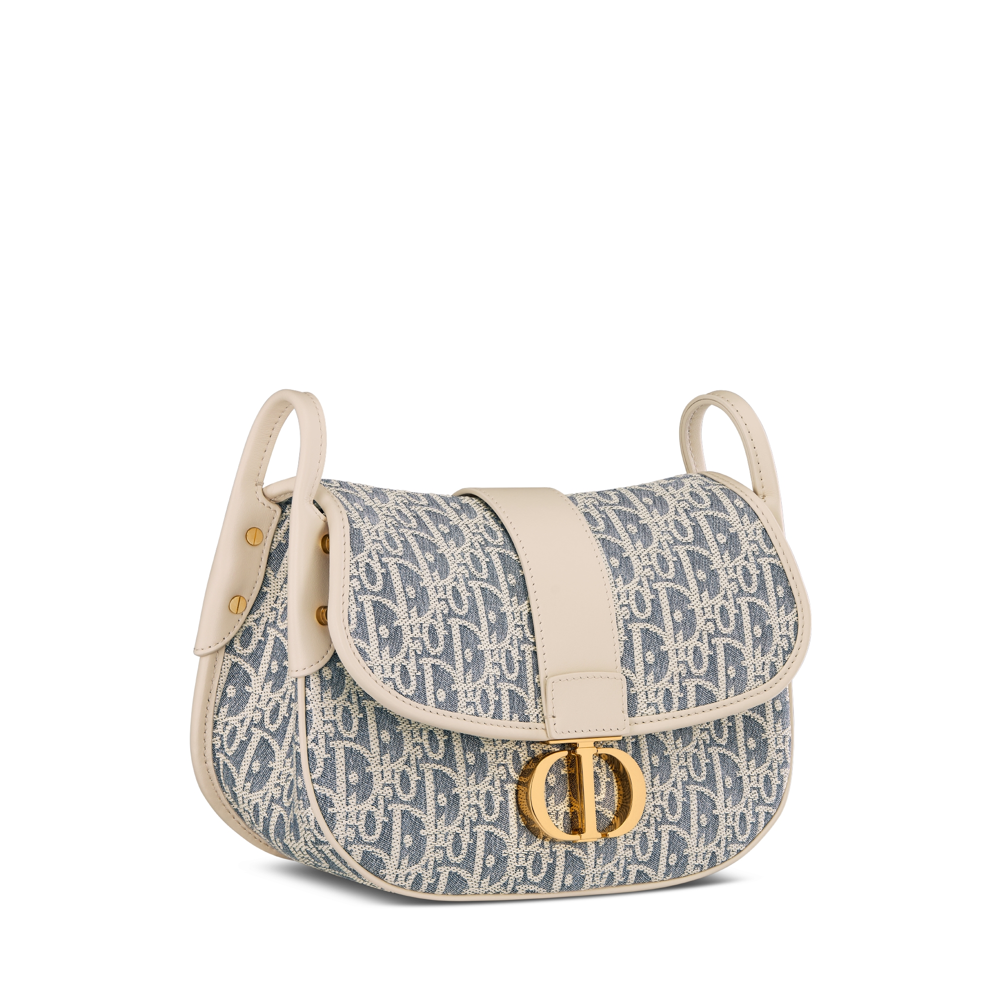 中号 30 Montaigne 学院包 蓝色酒椰草效果格纹布 Oblique 印花和浅饼干色光滑牛皮革 E03